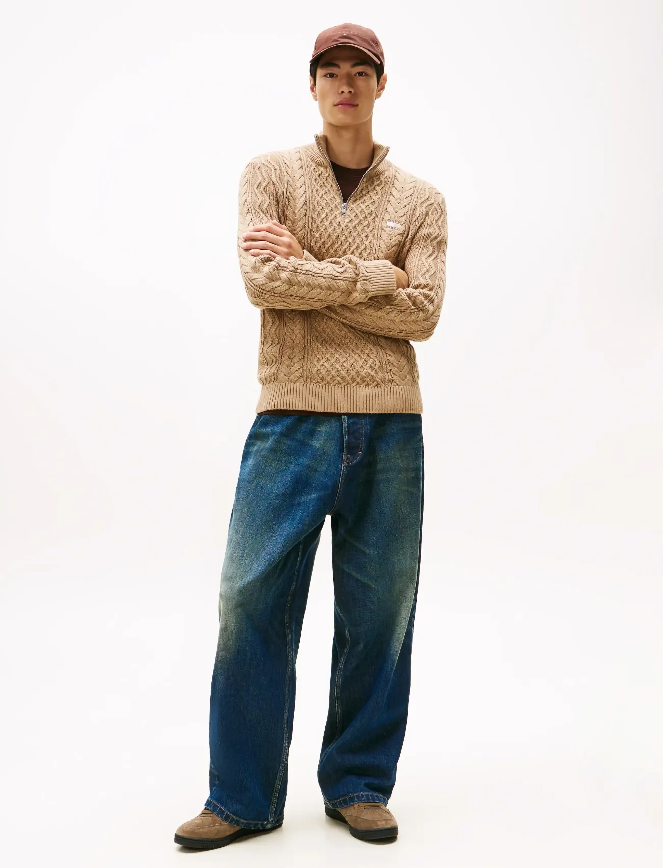 Tommy Jeans - TJM SLIM BADGE CABLE QRTR ZIP - halfzip strik - coastal taupe tonal - 2