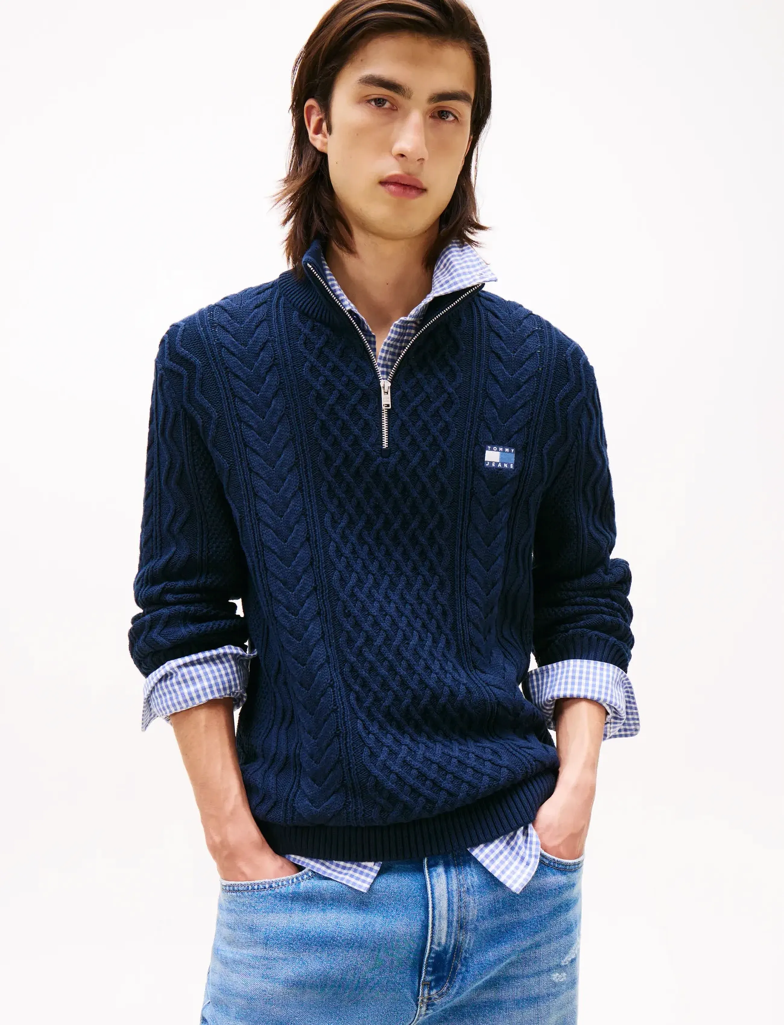 Tommy Jeans TJM SLIM BADGE CABLE QRTR ZIP - Tõmblukk-kaelusega džemprid - DARK NIGHT NAVY TONAL / navy