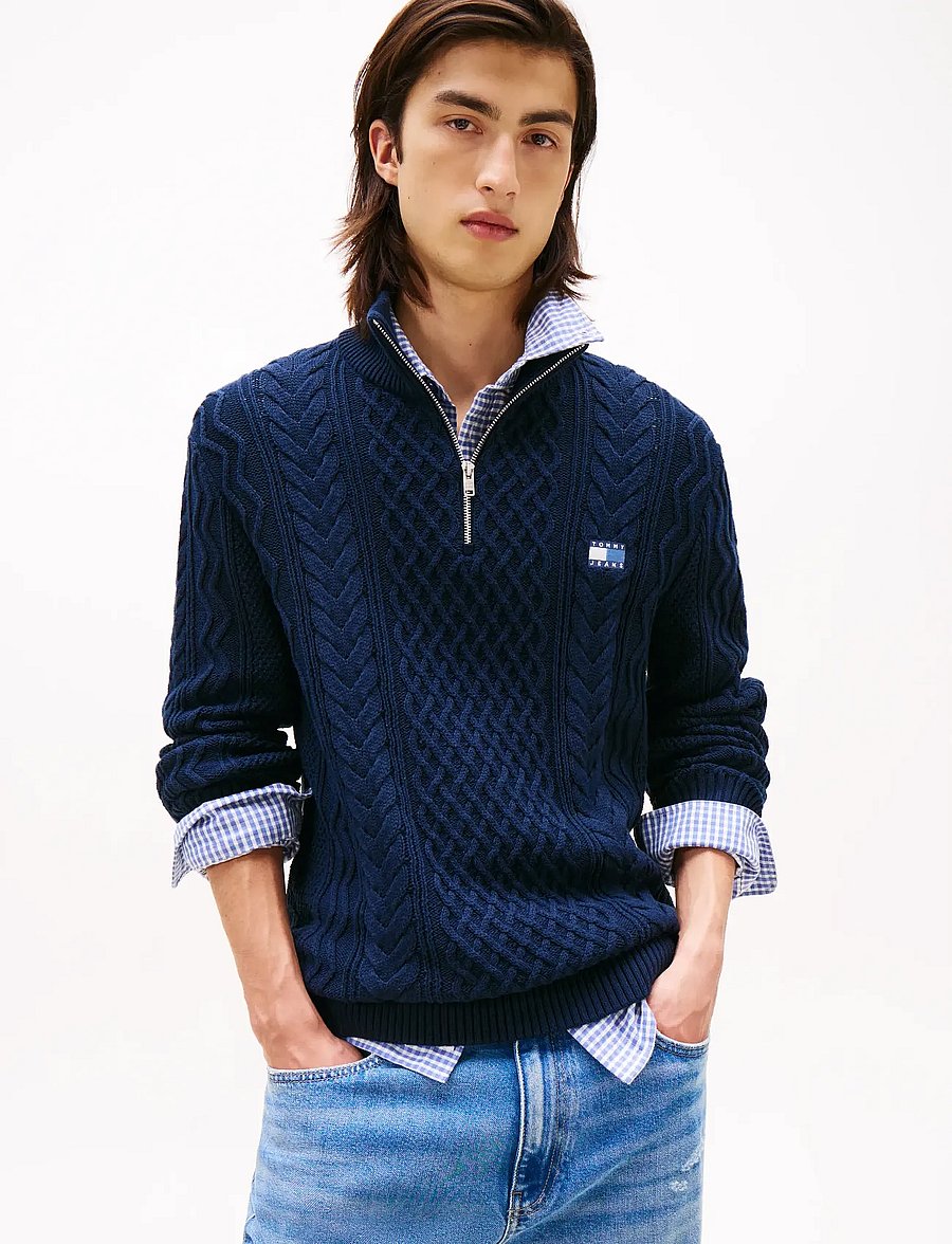 Tommy Jeans - TJM SLIM BADGE CABLE QRTR ZIP - swetry zapinane do połowy - dark night navy tonal - 0