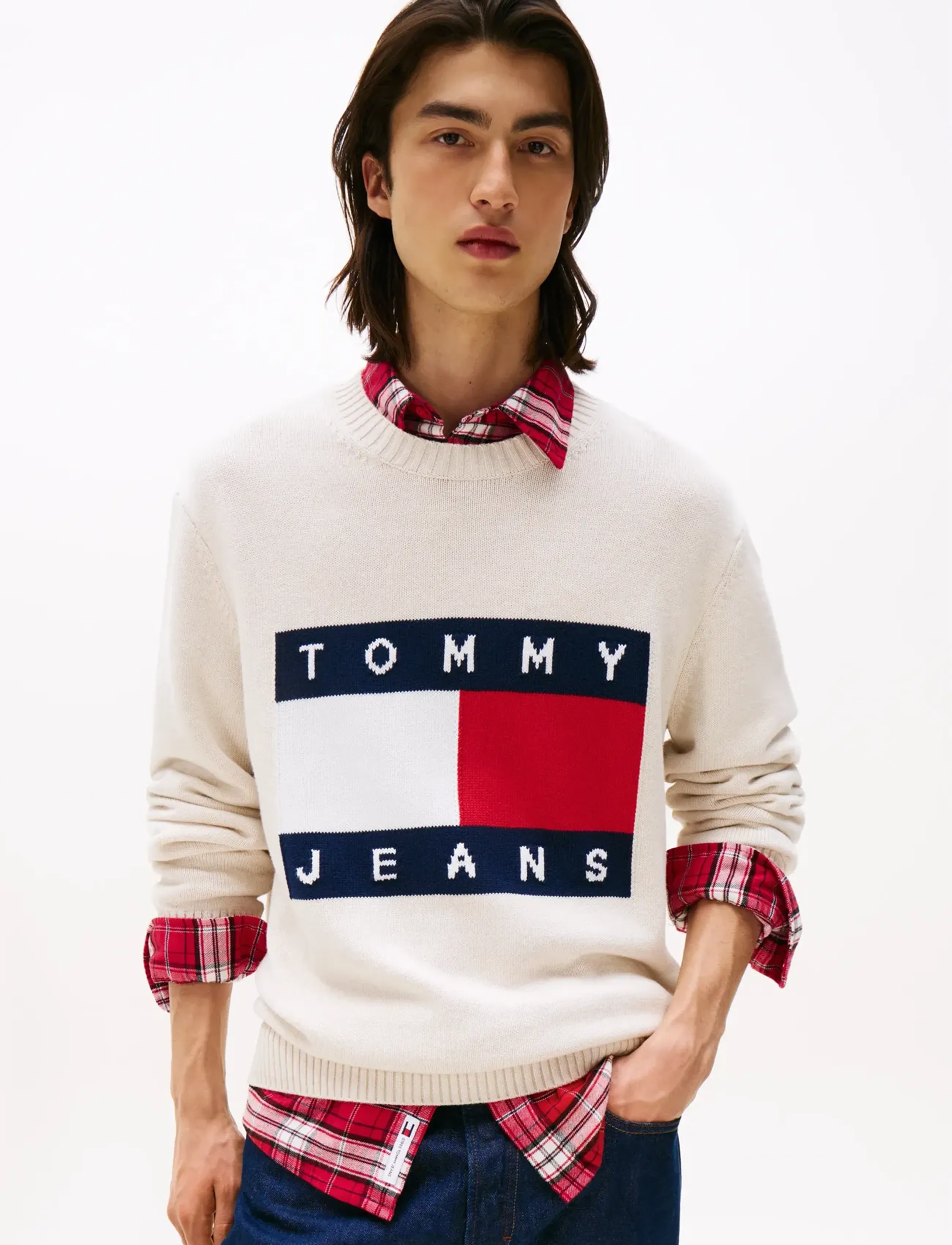 Tommy Jeans TJM REG MELANGE FLAG SWEATER - Shop by style - ANCIENT WHITE HTR / white