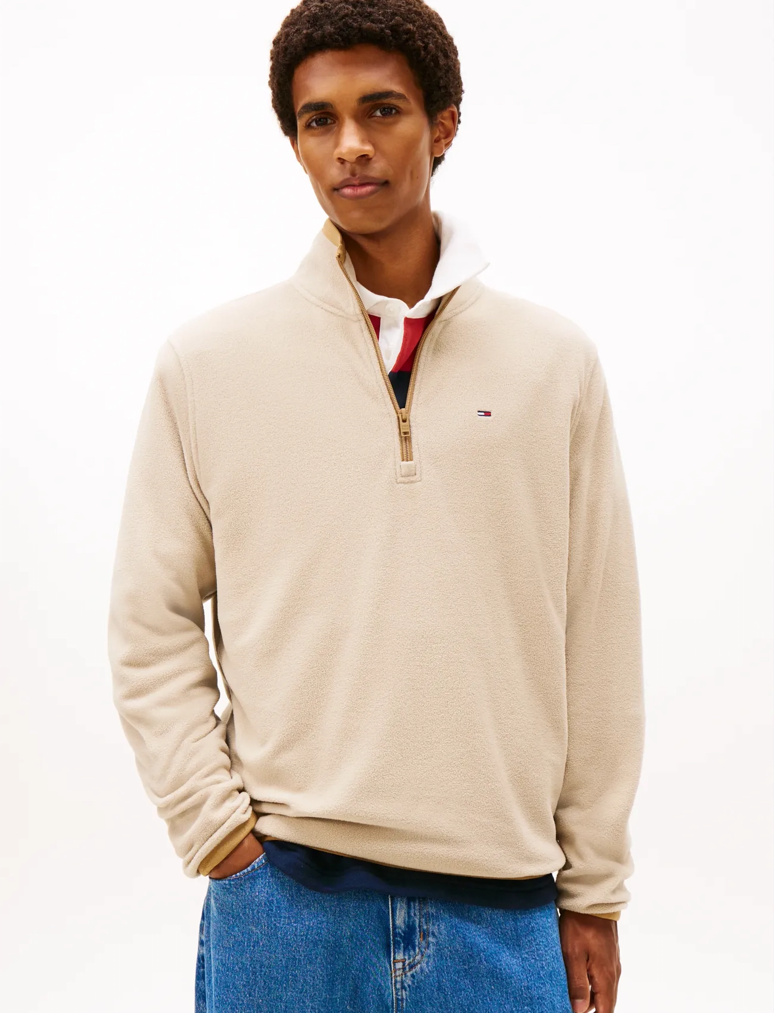 Tommy Jeans TJM REG S FLAG POLAR FLEECE QZ - Tommy Jeans - GULF SAND / cream