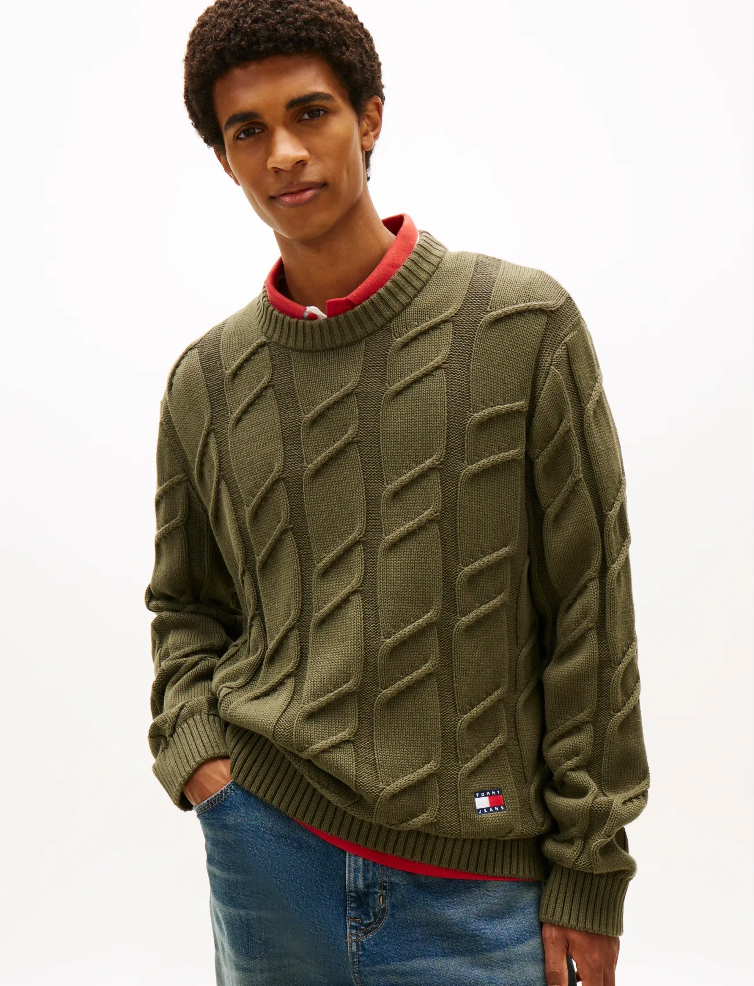 Tommy Jeans Tjm Reg Chunky Cable Knt Swt Ext, Mænd, Kabelstrikket Sweater, Kakigrøn, Str: M