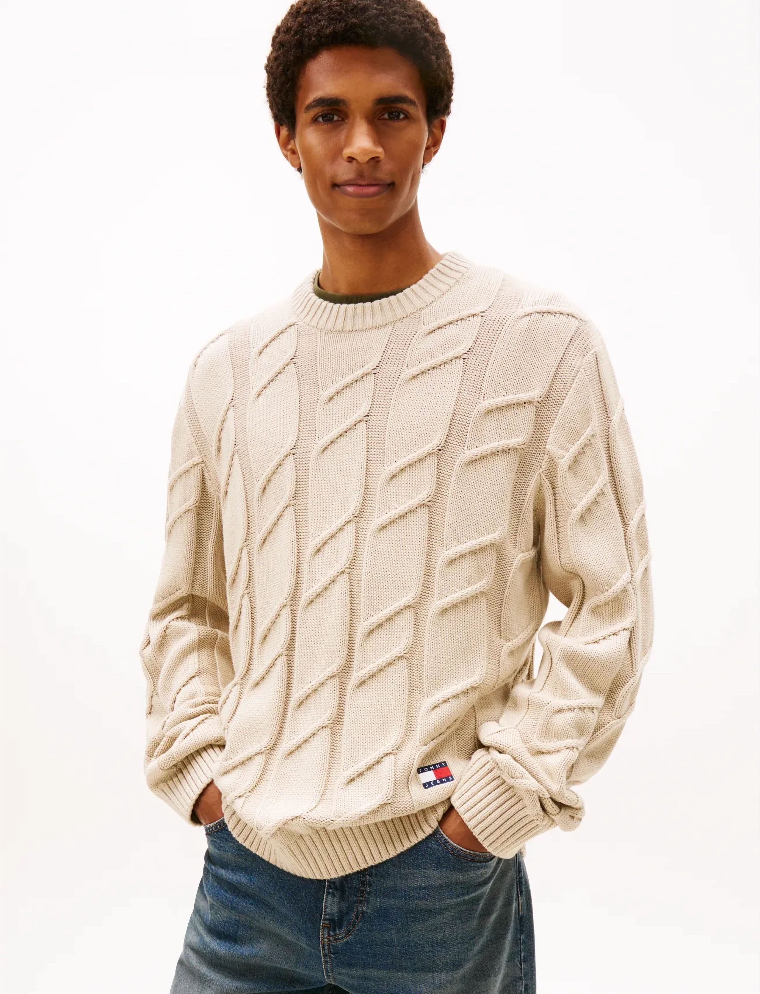 Tommy Jeans Tjm Reg Chunky Cable Knt Swt Ext, Mænd, Kabelstrikket Sweater, Cream, Str: XS