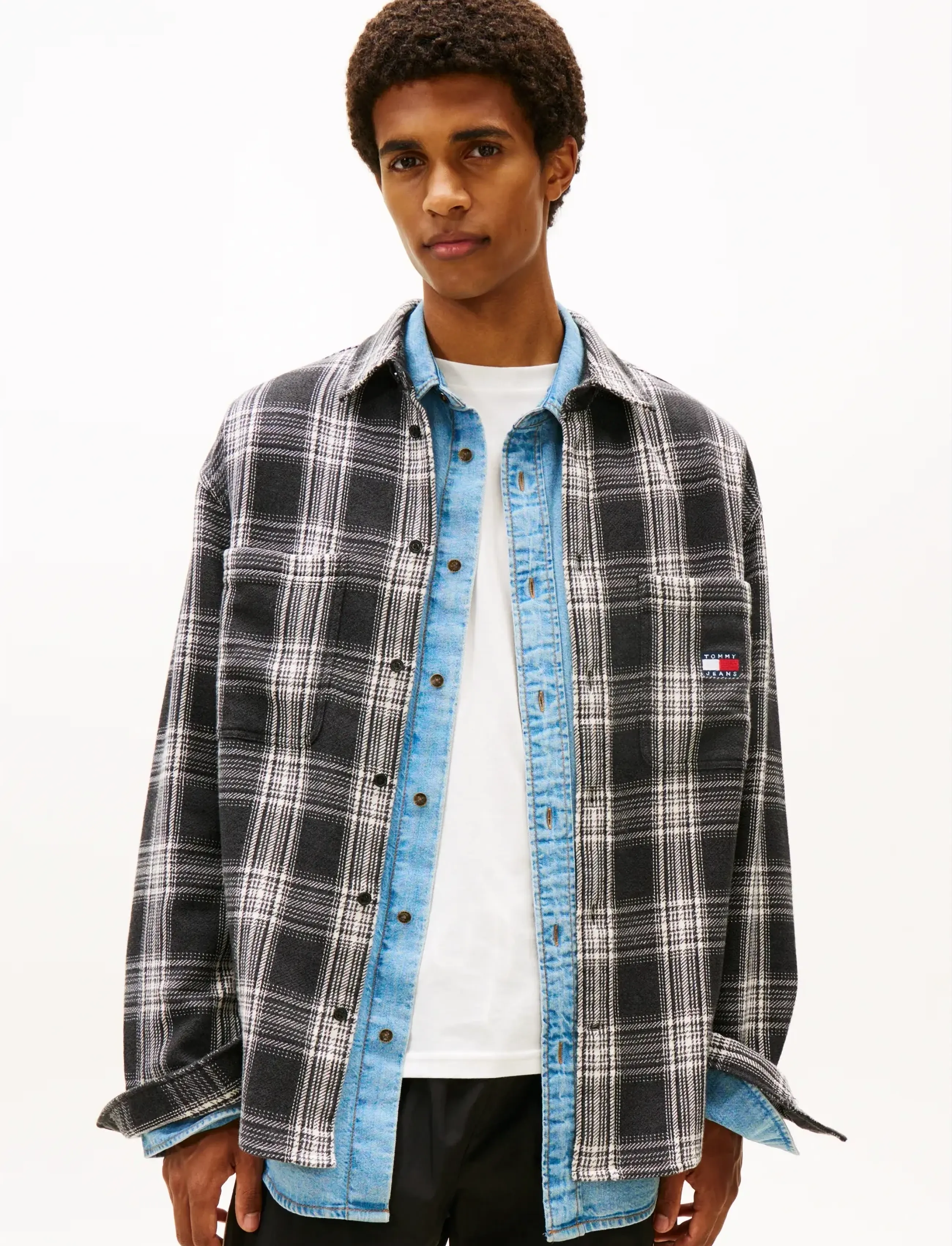 Tommy Jeans TJM RLX CHECK BRUSHED OS EXT - Kauluspaidat - BLACK CHECK / black