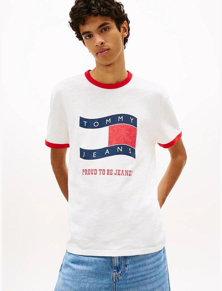 Tommy Jeans - TJM REG WAVING FLAG SS RINGER T - kurzärmelige t-shirts - ecru - 0