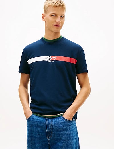 Tommy Jeans TJM REG SIGNATURE STRIPE T EXT - Kortærmede T-shirts - DARK NIGHT NAVY / navy