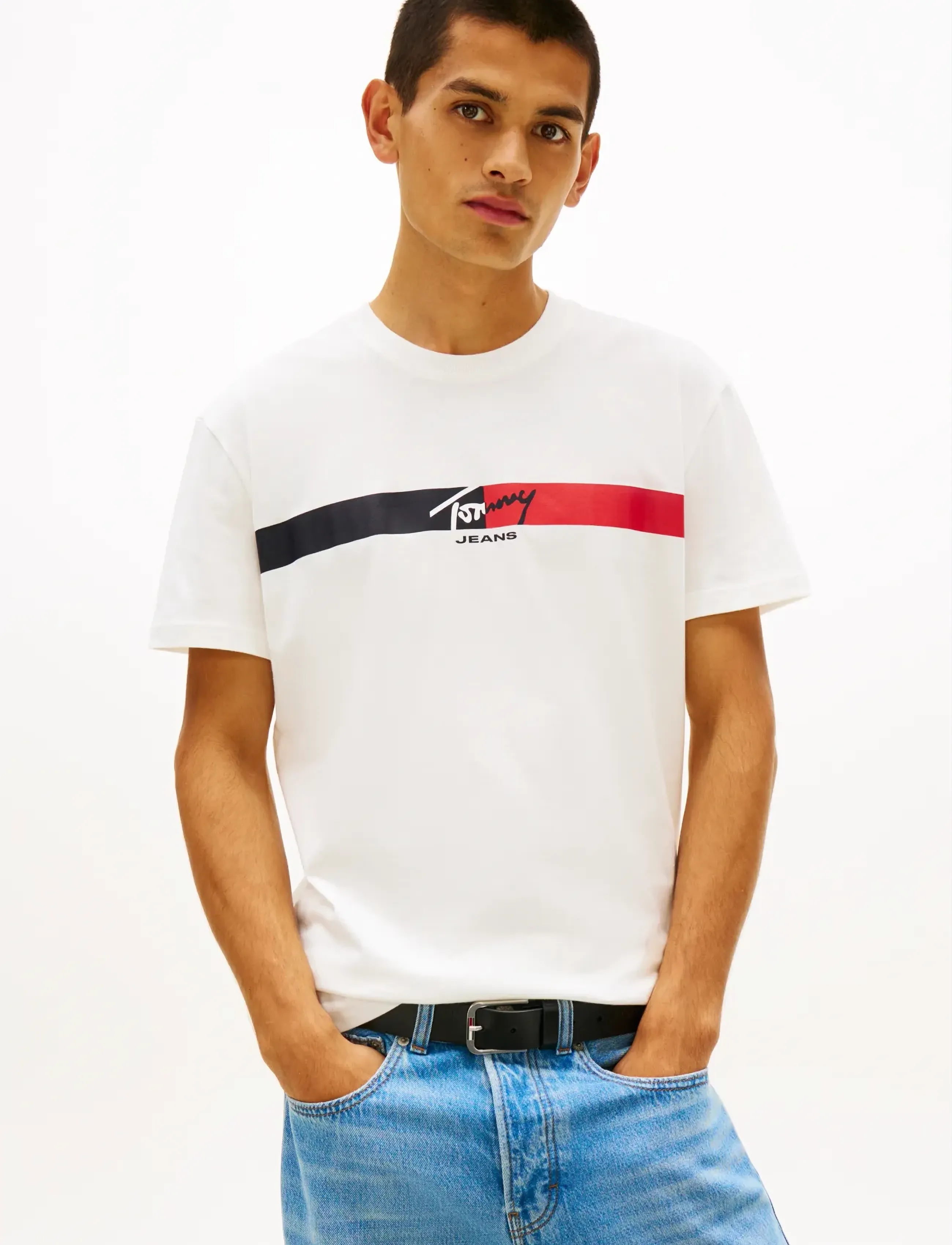 Tommy Jeans Tjm Reg Signature Stripe T Ext, S, T-shirts, Weiß - Short-sleeved, Männerswear