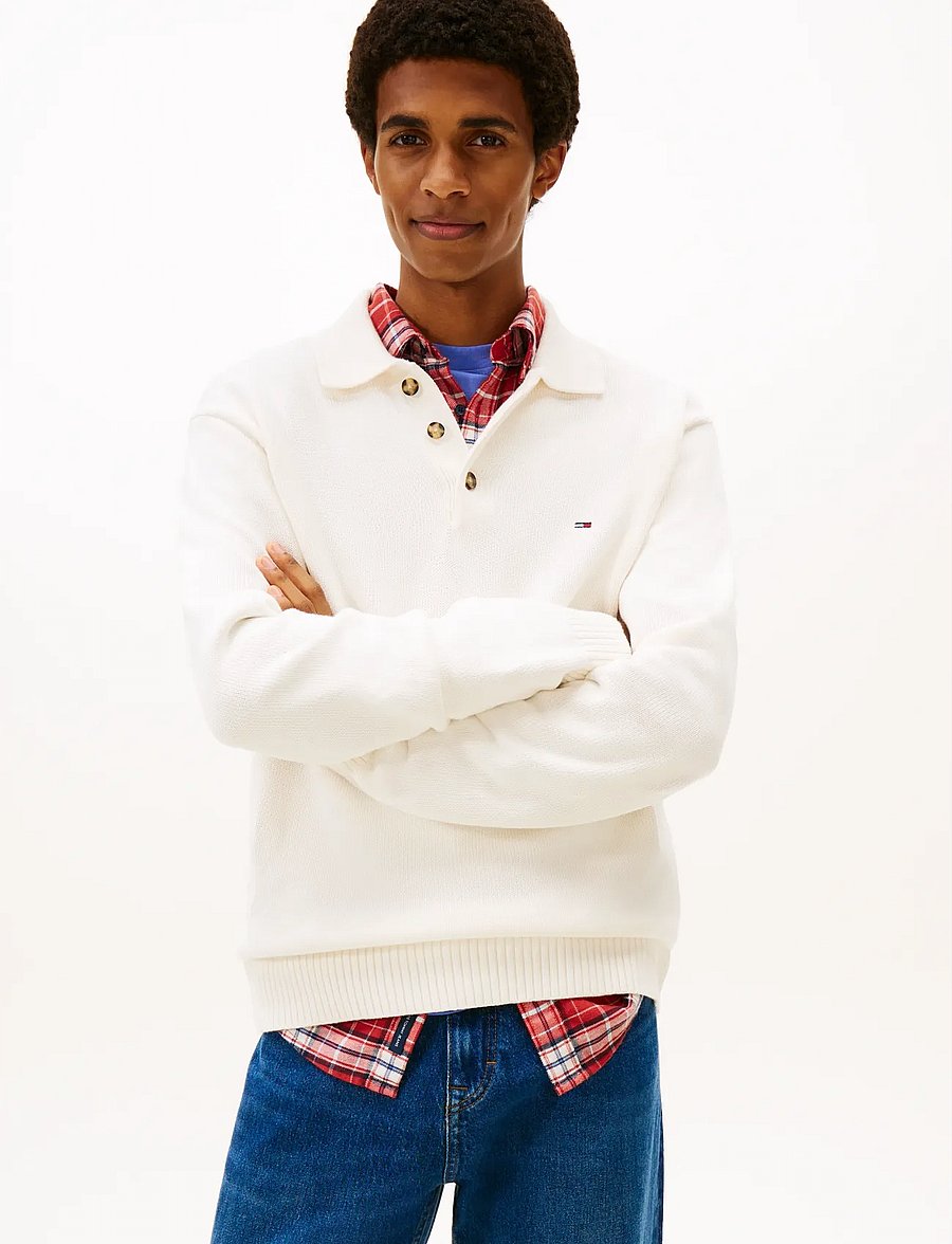 Tommy Jeans - TJM SLIM ESSENTIAL POLO SWTR EXT - langärmelige gestrickte polohemden - ancient white - 0