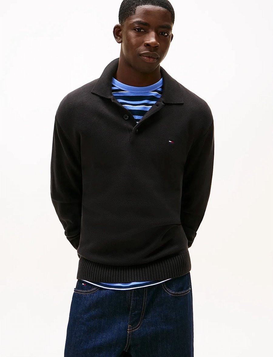 Tommy Jeans - TJM SLIM ESSENTIAL POLO SWTR EXT - langärmelige gestrickte polohemden - black - 0