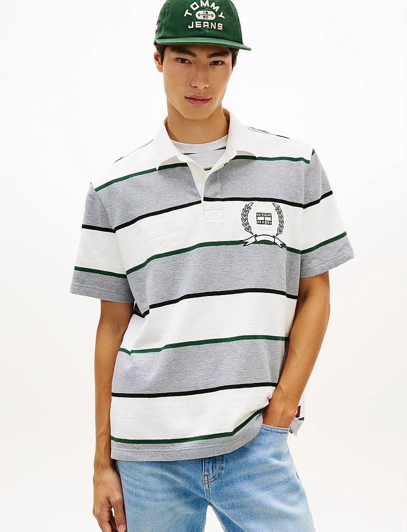 Tommy Jeans - TJM RLX SS STRIPE SS RUGBY EXT - lühikeste varrukatega polod - grey htr stripe - 0