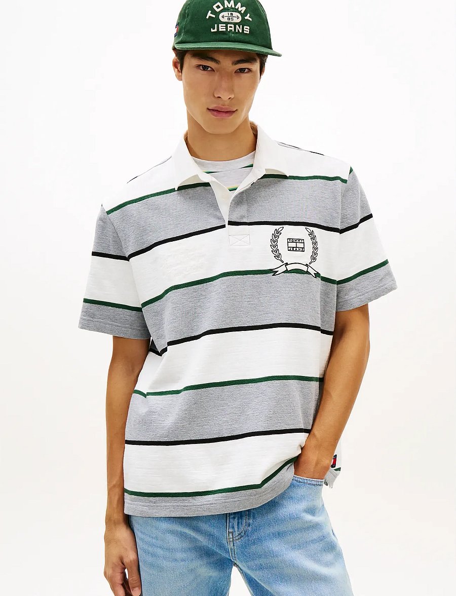 Tommy Jeans - TJM RLX SS STRIPE SS RUGBY EXT - kortærmede poloer - grey htr stripe - 0