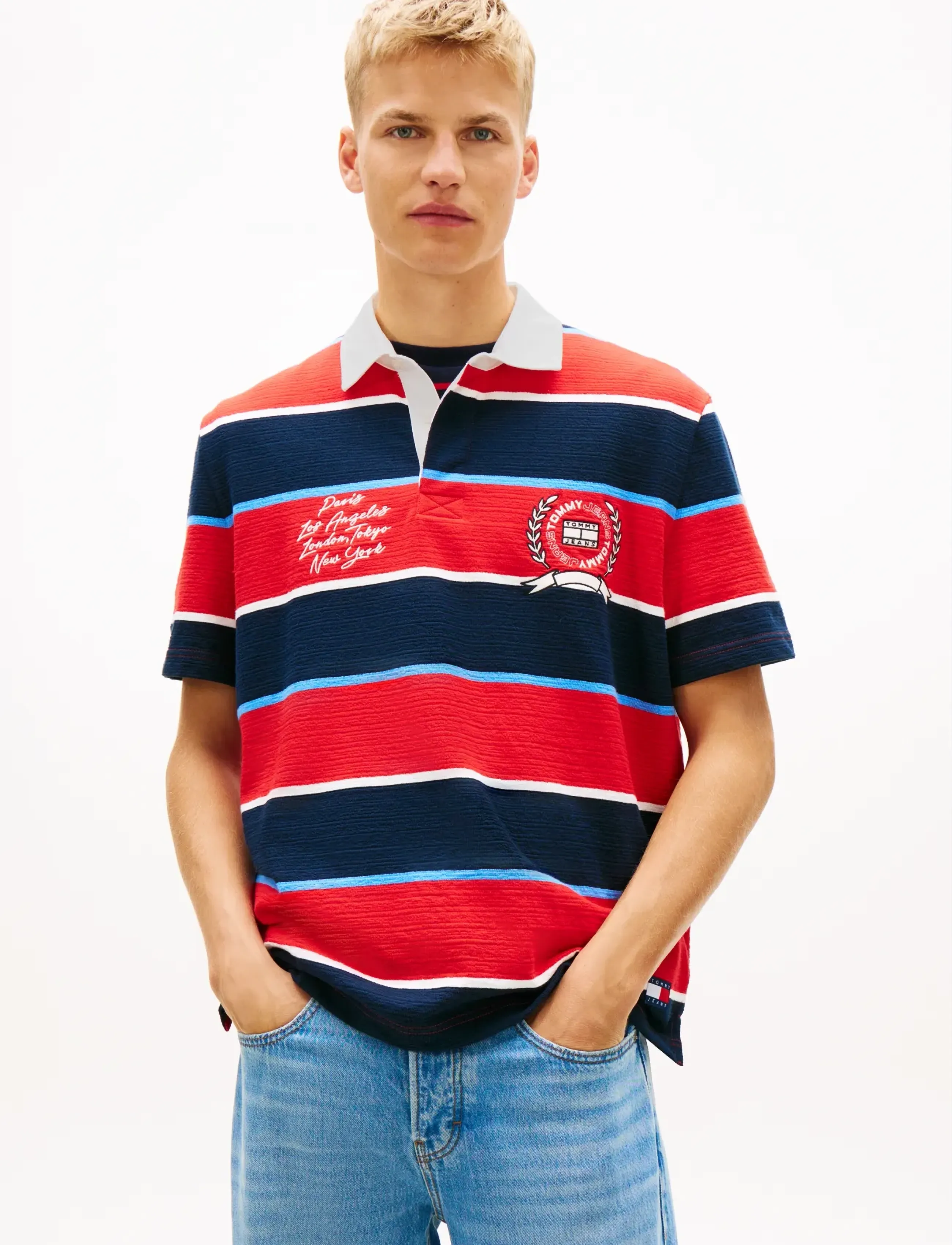 Tommy Jeans TJM RLX SS STRIPE  SS RUGBY EXT - Clothing - RAPID RED STRIPE / multi