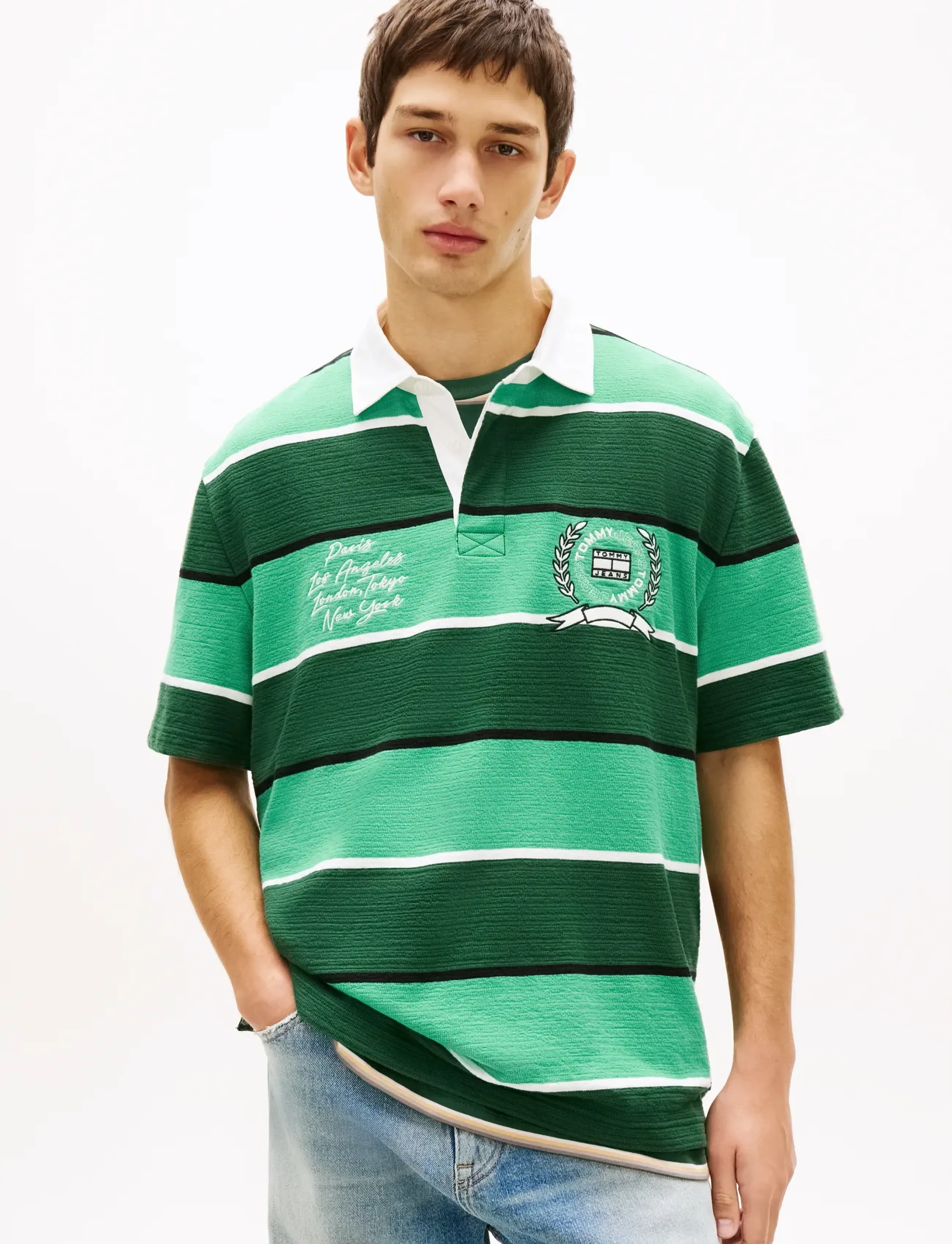 Tommy Jeans TJM RLX SS STRIPE  SS RUGBY EXT - Krótki rękaw - SHADOW PINE STRIPE / green