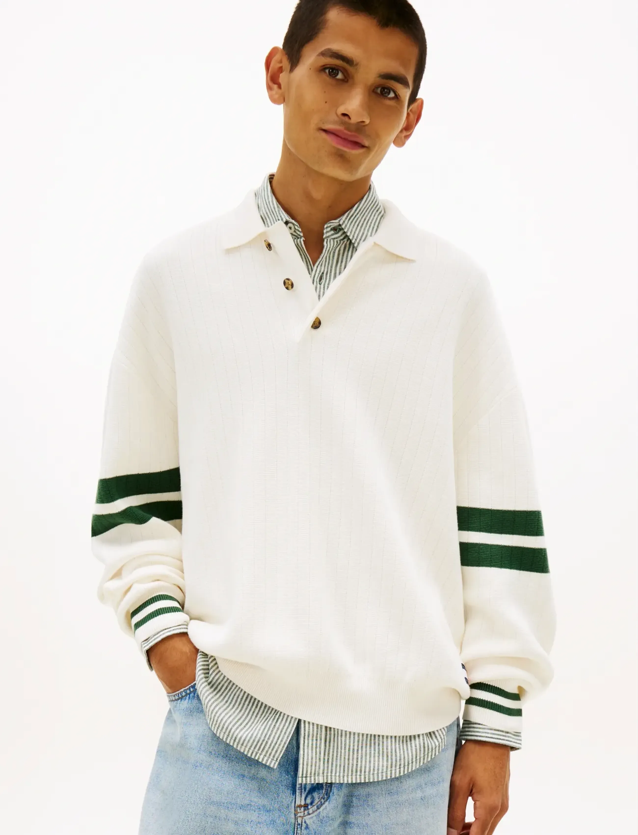 Tommy Jeans TJM  90S CBLOCK KNITTED POLO - Knitted polos - ANCIENT WHITE / green