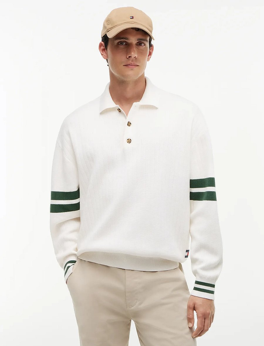 Tommy Jeans - TJM 90S CBLOCK KNITTED POLO - långärmade stickade pikétröjor - ancient white - 0