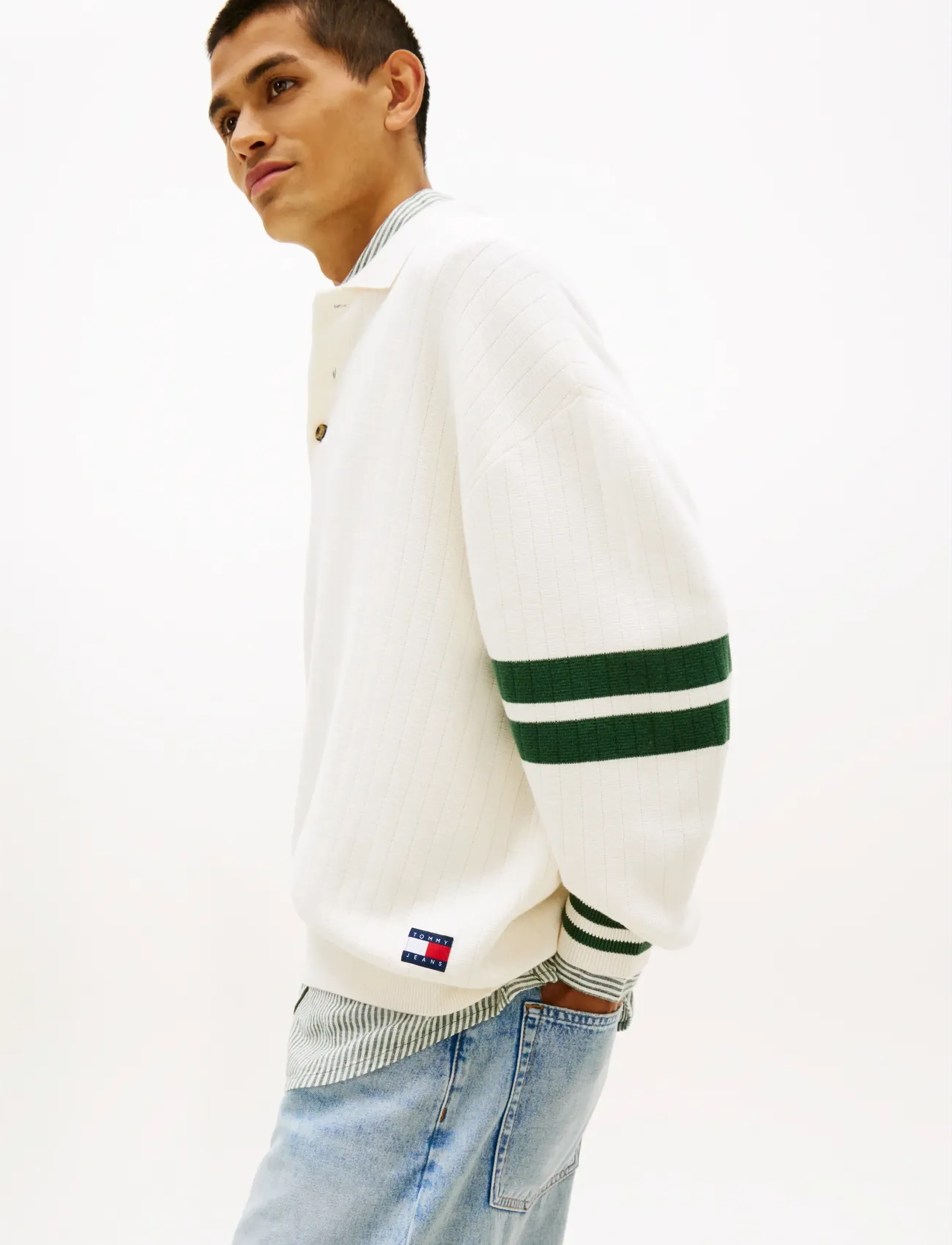 Tommy Jeans - TJM  90S CBLOCK KNITTED POLO - poloer i strik med lange ærmer - ancient white - 5