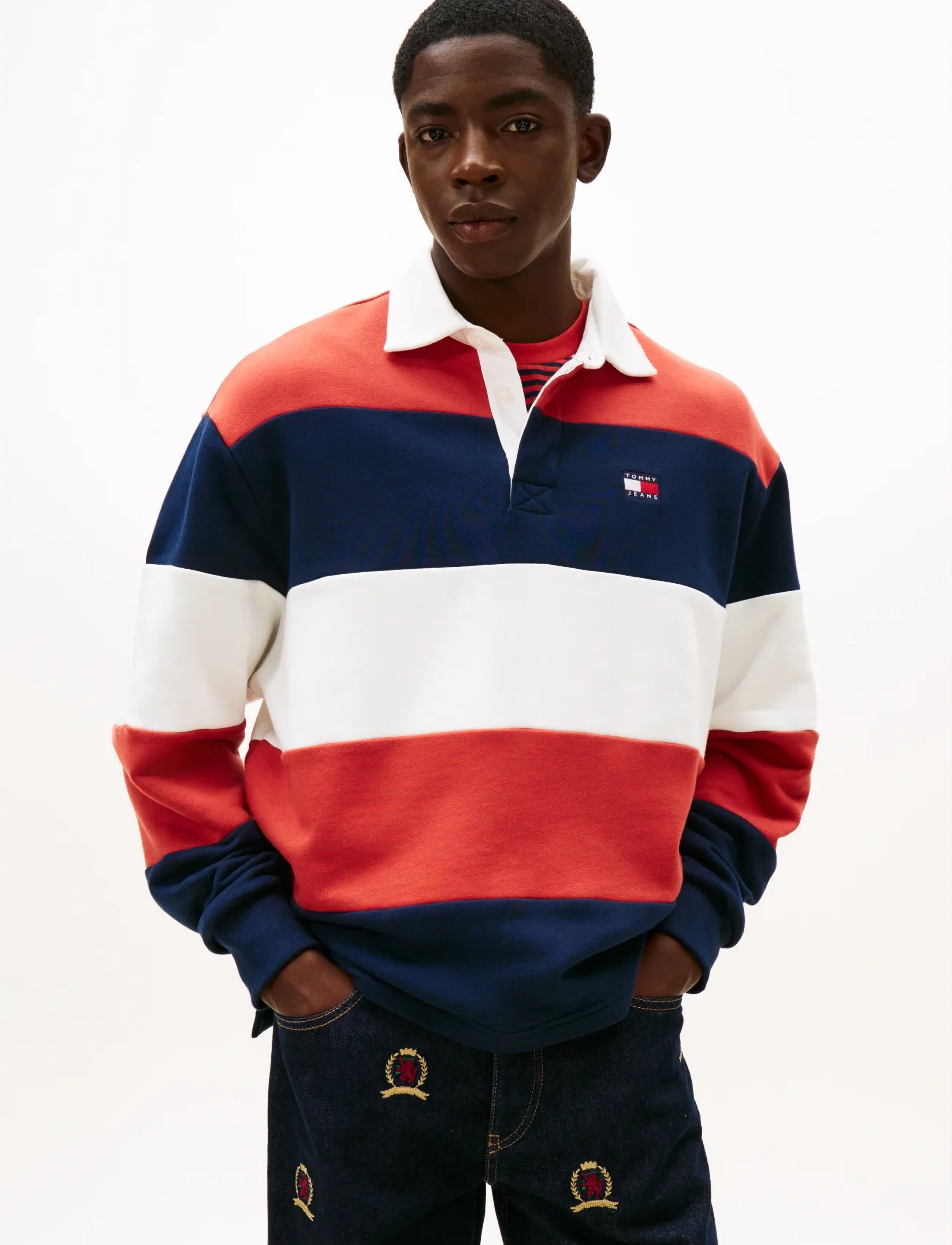Tommy Jeans TJM RLX BADGE STRIPE RUGBY - Shop by style - D N NAVY   TERRACOTTA RED   ECRU / multi
