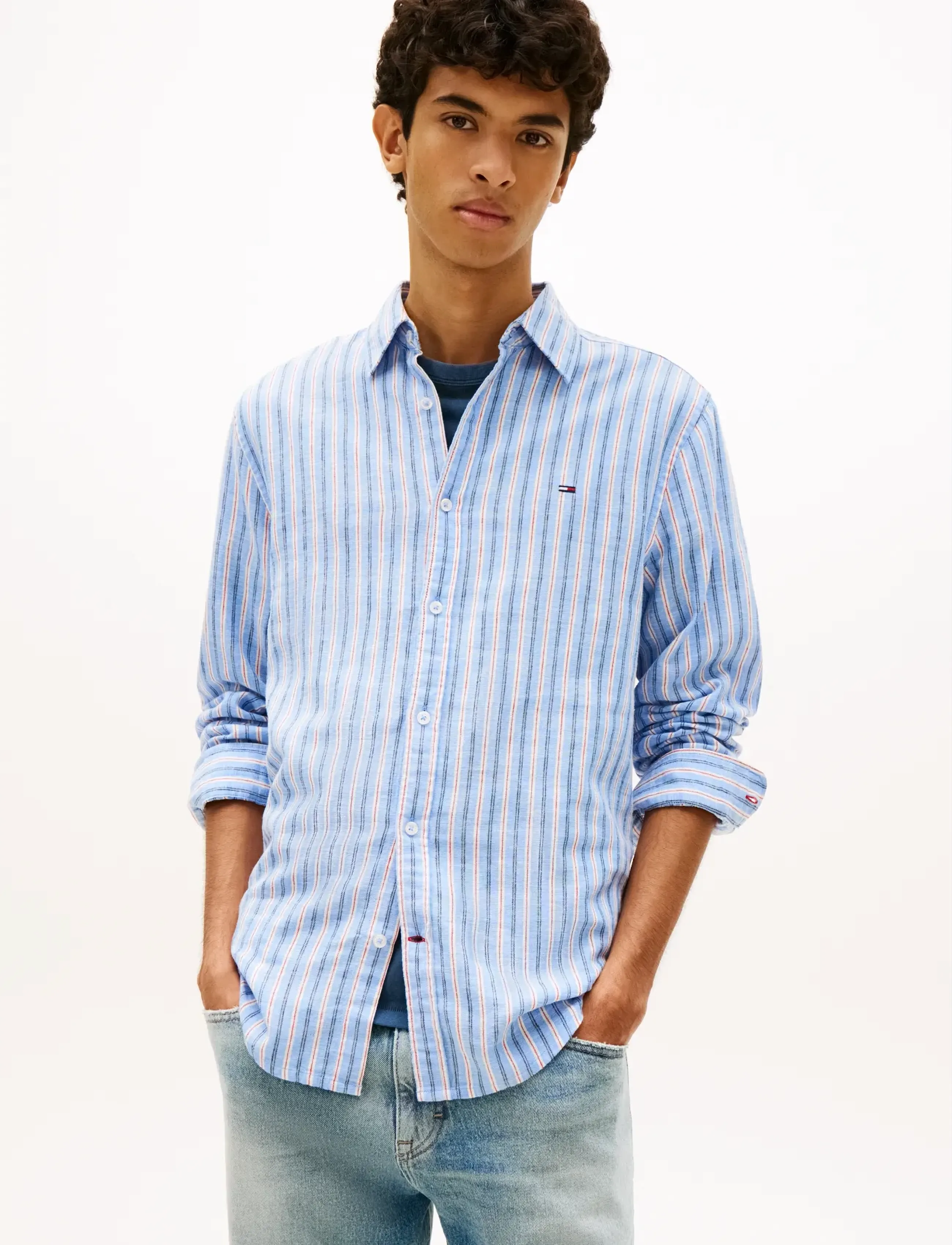 Tommy Jeans Tjm Reg Linen Mx Strp Shirt Ext, Mænd, Stribet Hørskjorte, Blå, Str: M