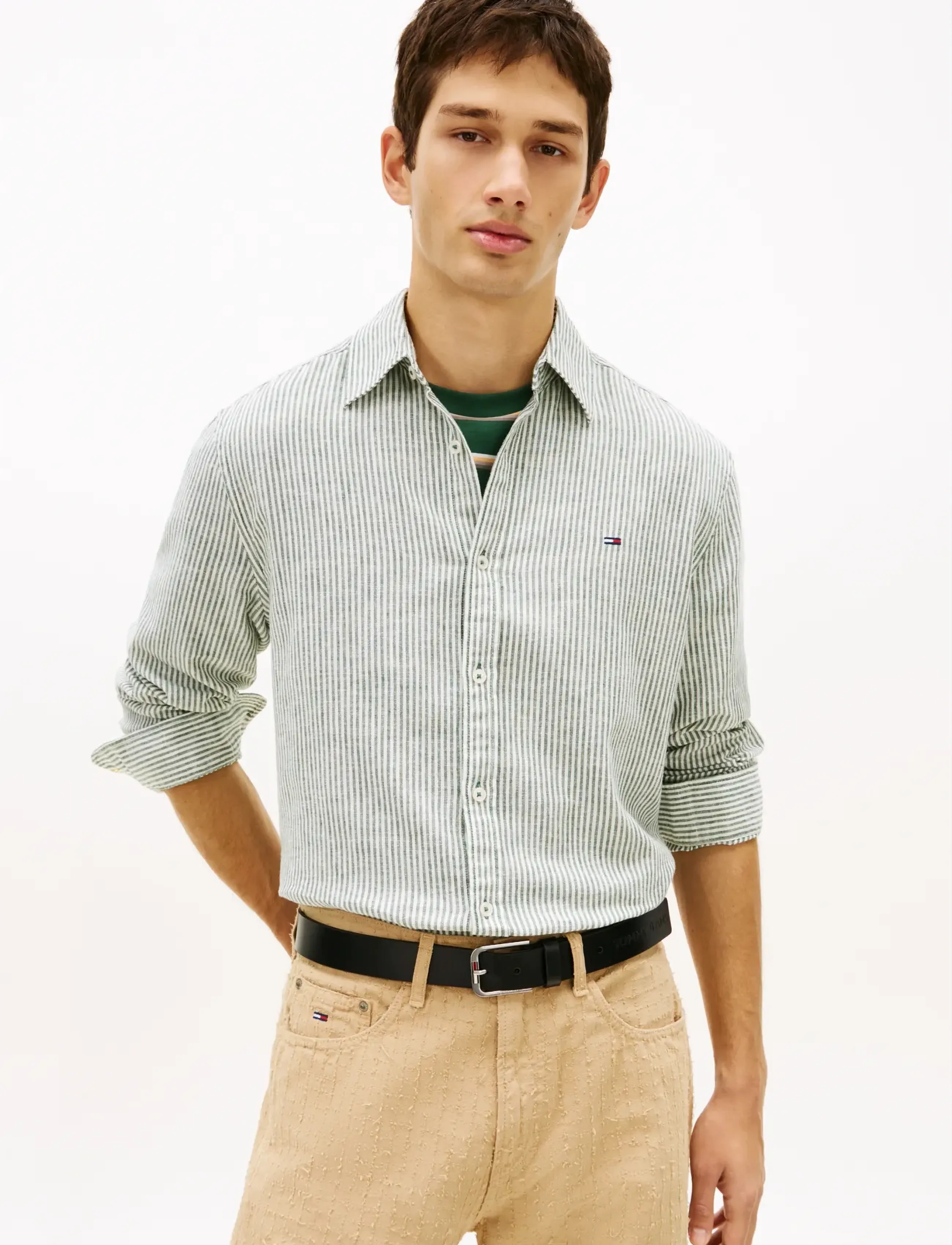 Tommy Jeans TJM REG LINEN MX STRP SHIRT EXT - Särgid - SHADOW PINE STRIPES / green