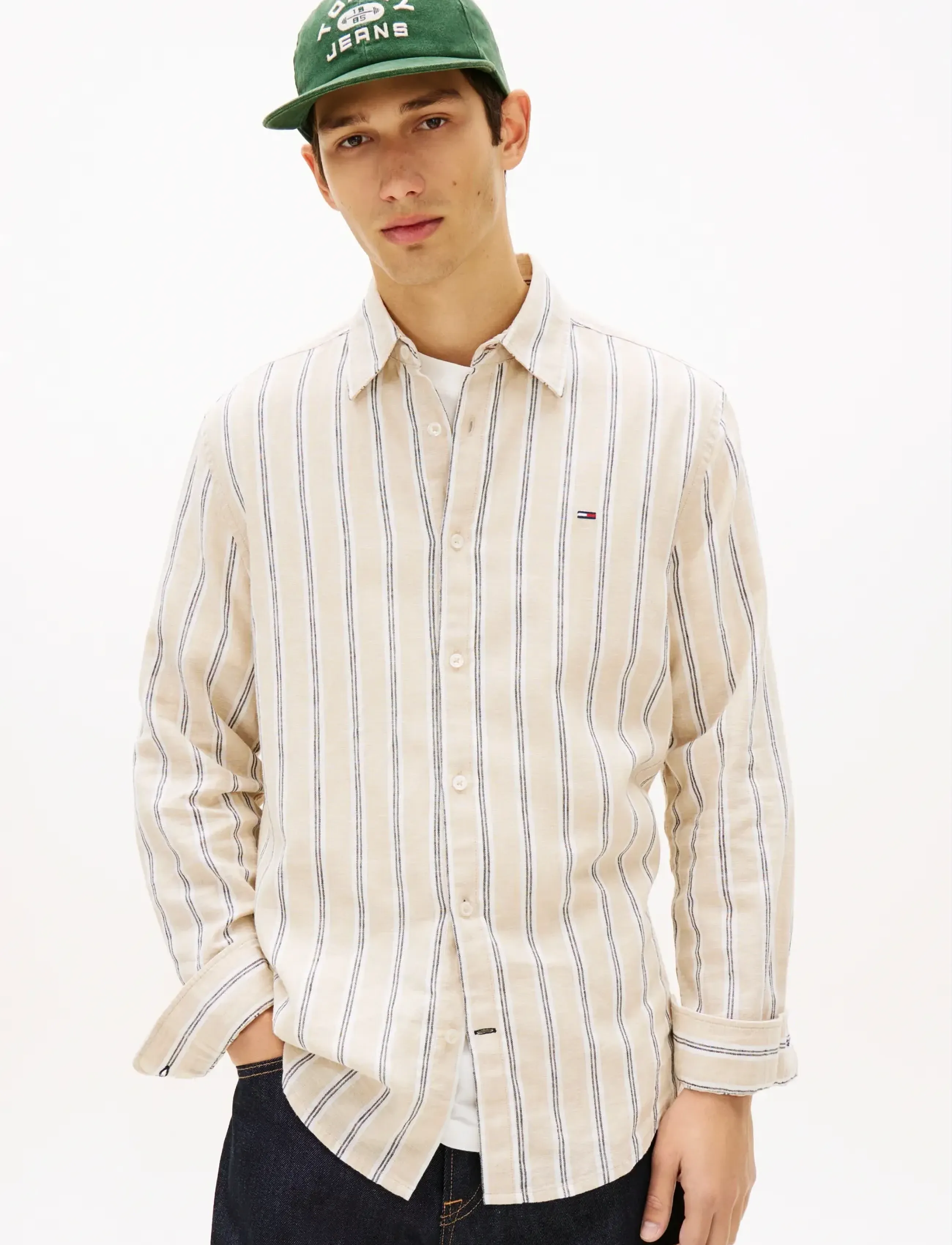 Tommy Jeans Tjm Reg Linen Mx Strp Shirt Ext, Mænd, Stribet Hørskjorte, Cream, Str: S