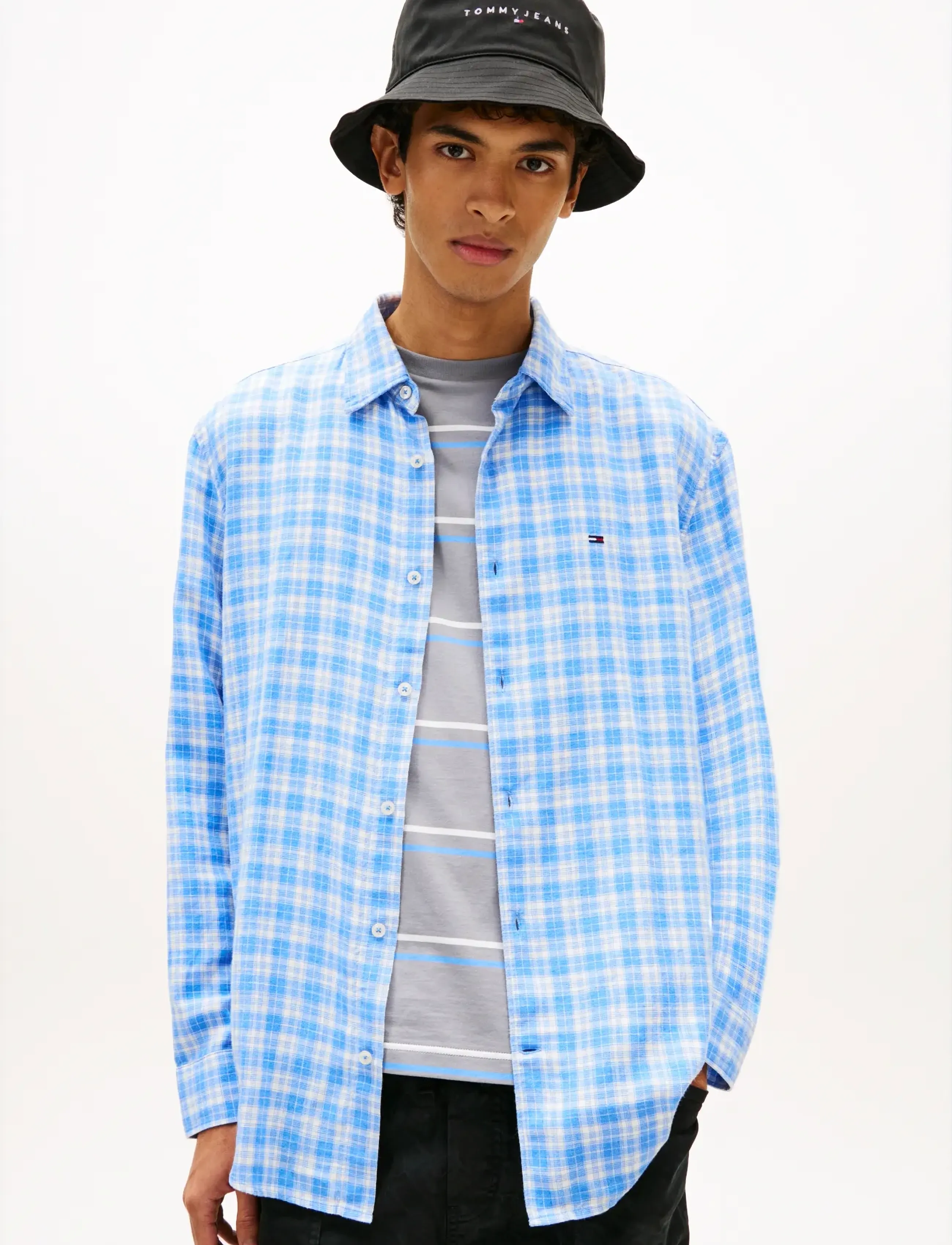 Tommy Jeans Tjm Rlx Linen Blend Check Shirt, XS, Blue, Skjorter > Afslappet Shirts, Herre