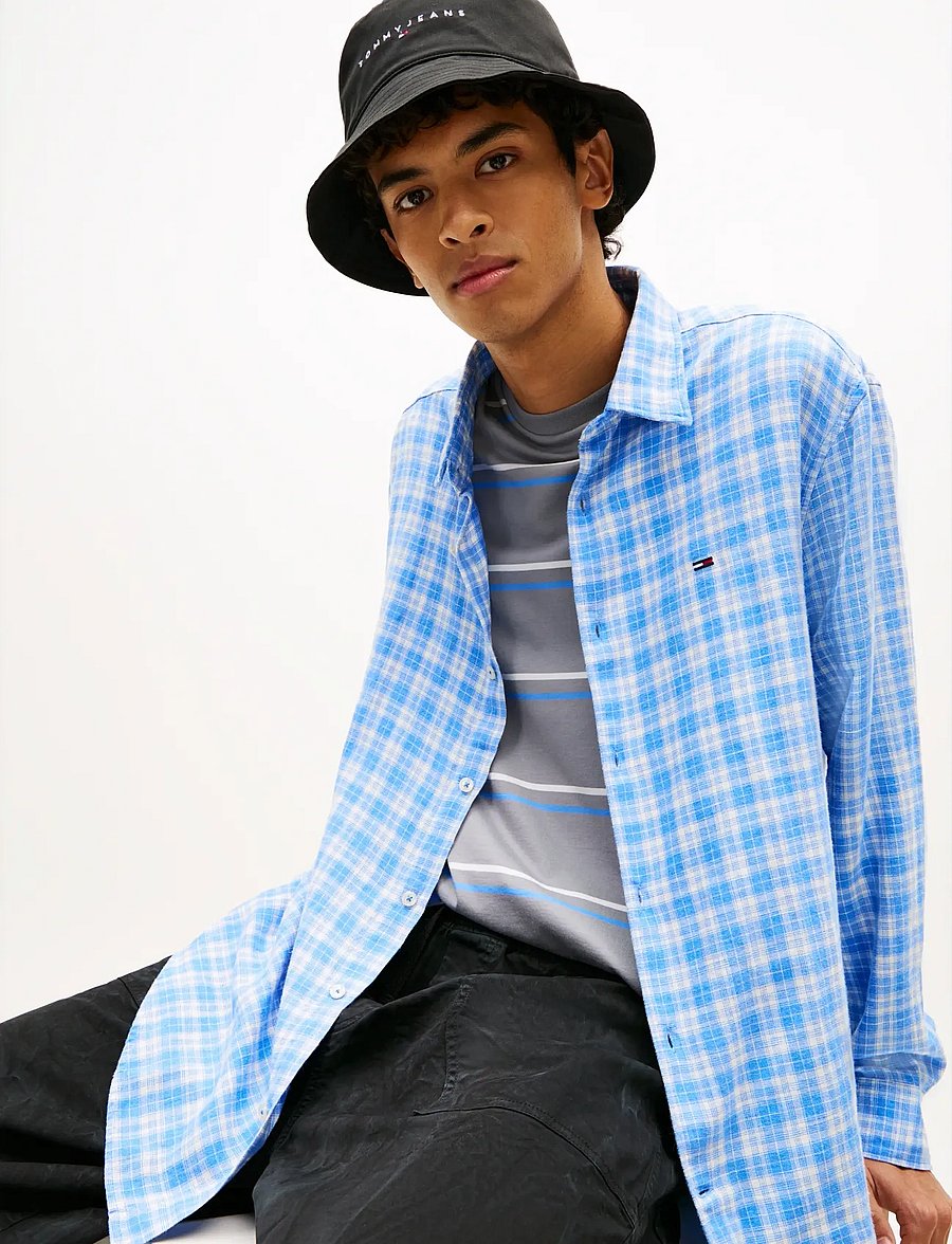 Tommy Jeans - TJM RLX LINEN BLEND CHECK SHIRT - rutiga skjortor - blue twilight small check - 4