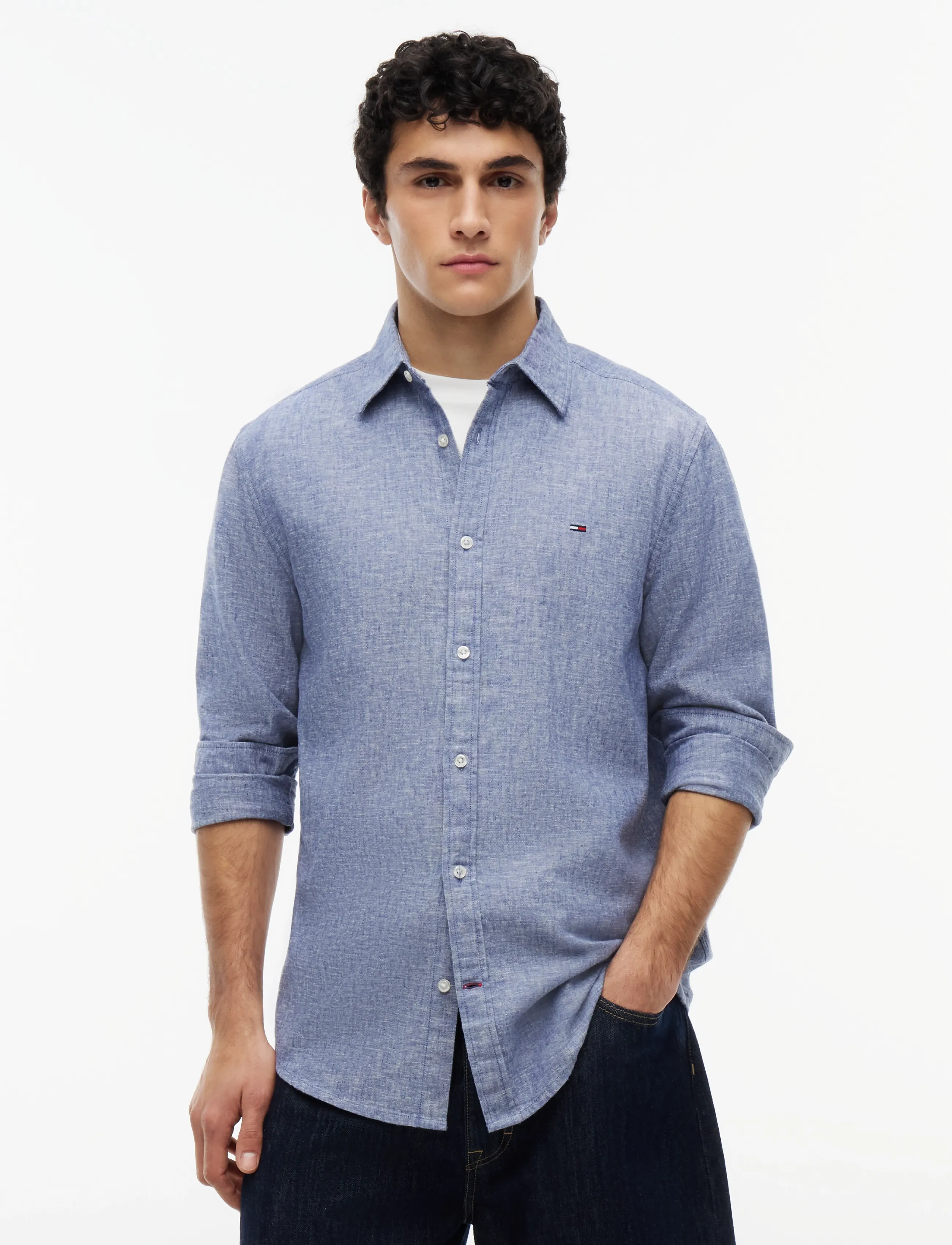Tommy Jeans TJM REG LINEN BLEND SHIRT EXT - Skjortor - BLUE STORM / blue