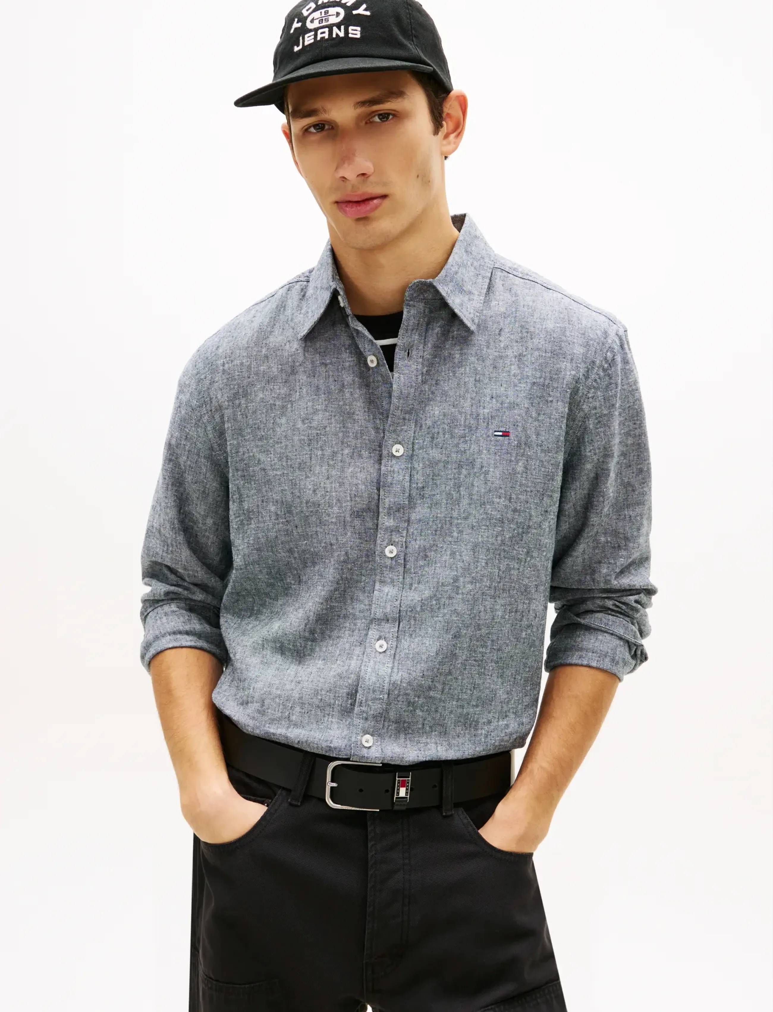 Tommy Jeans TJM REG LINEN BLEND SHIRT EXT - Tommy Hilfiger - DARK NIGHT NAVY / grey