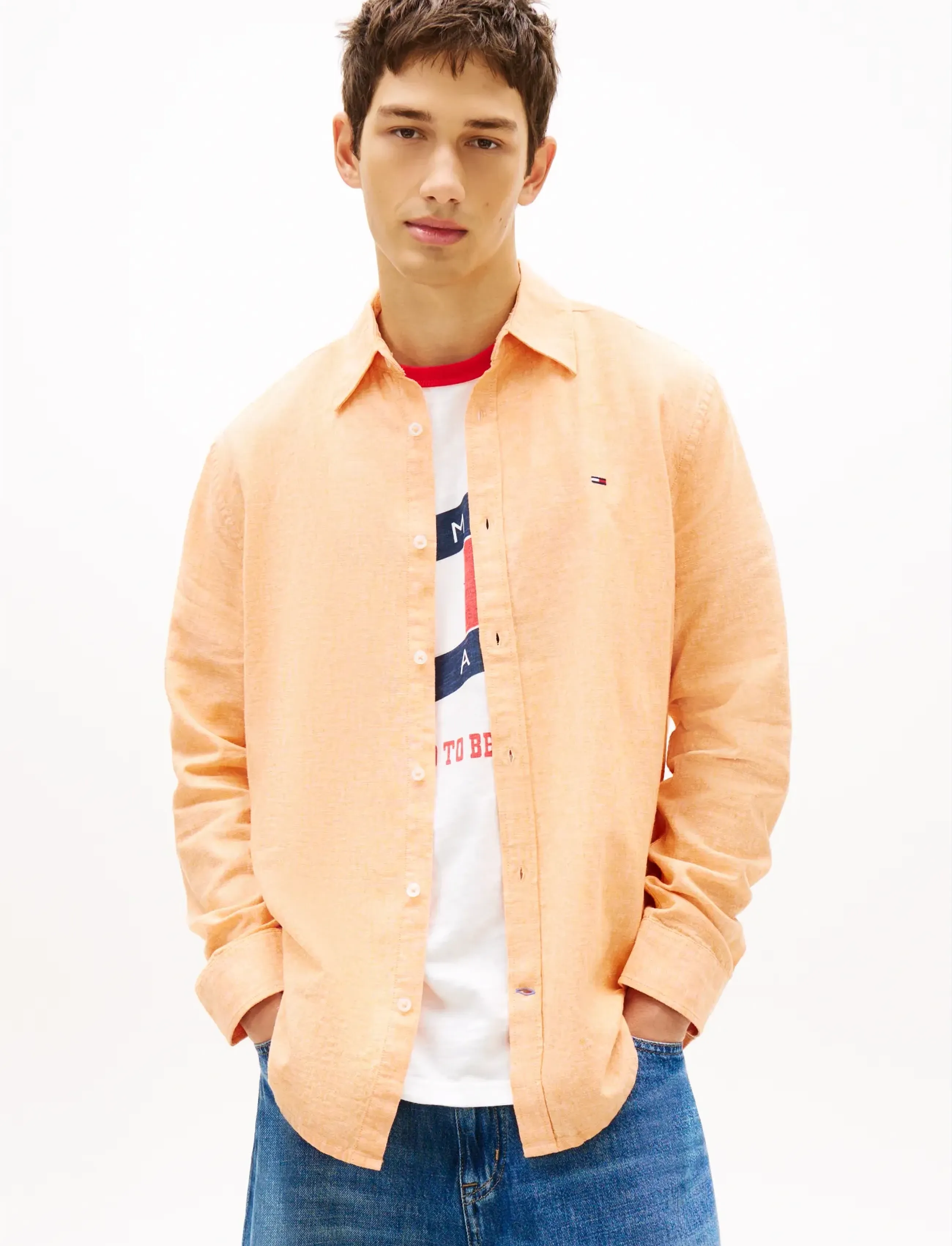 Tommy Jeans TJM REG LINEN BLEND SHIRT EXT - Skjorter - LUSH ORANGE / orange