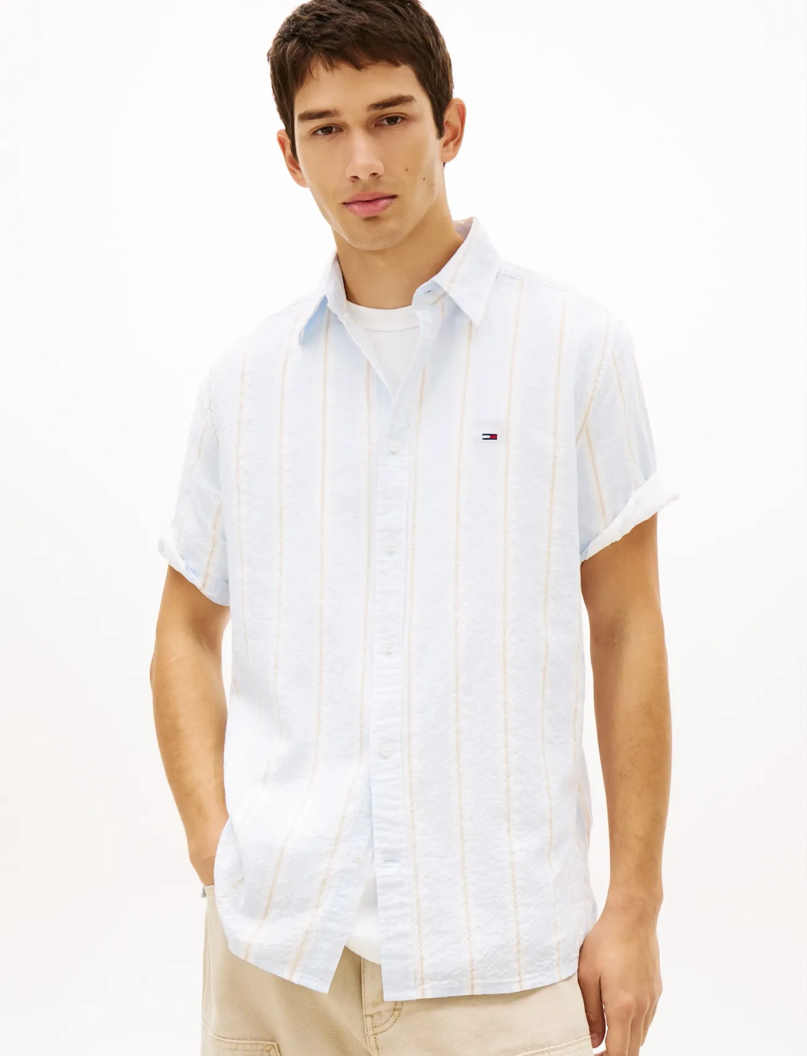 Tommy Jeans Tjm Reg Seersuckr Ptrn Shirt Ext, Mænd, Seersucker Kortærmet Skjorte, Blå, Str: XS