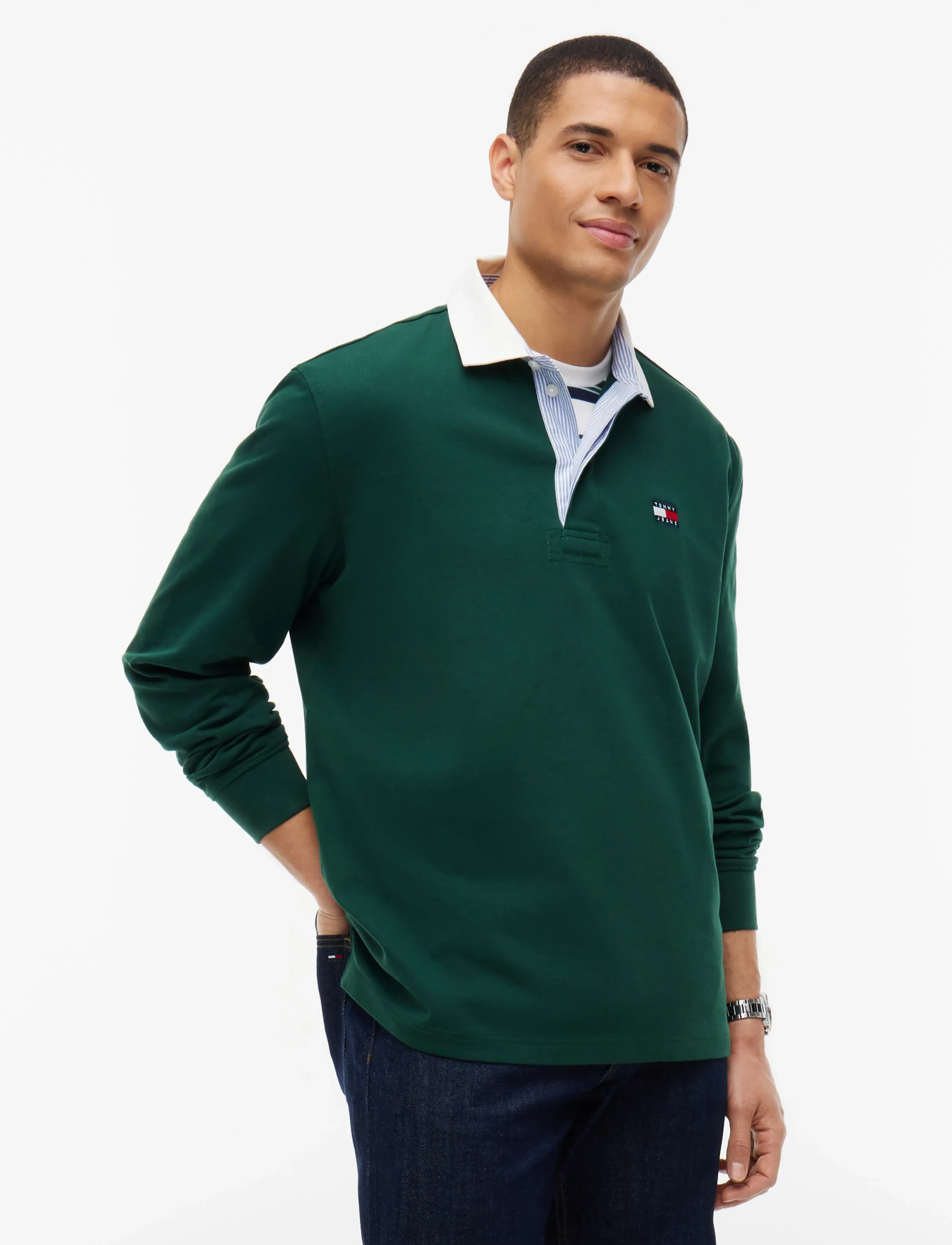 Tommy Jeans TJM RLX ESS BADGE RUGBY EXT - Long-sleeved polos - VELVET GREEN / green