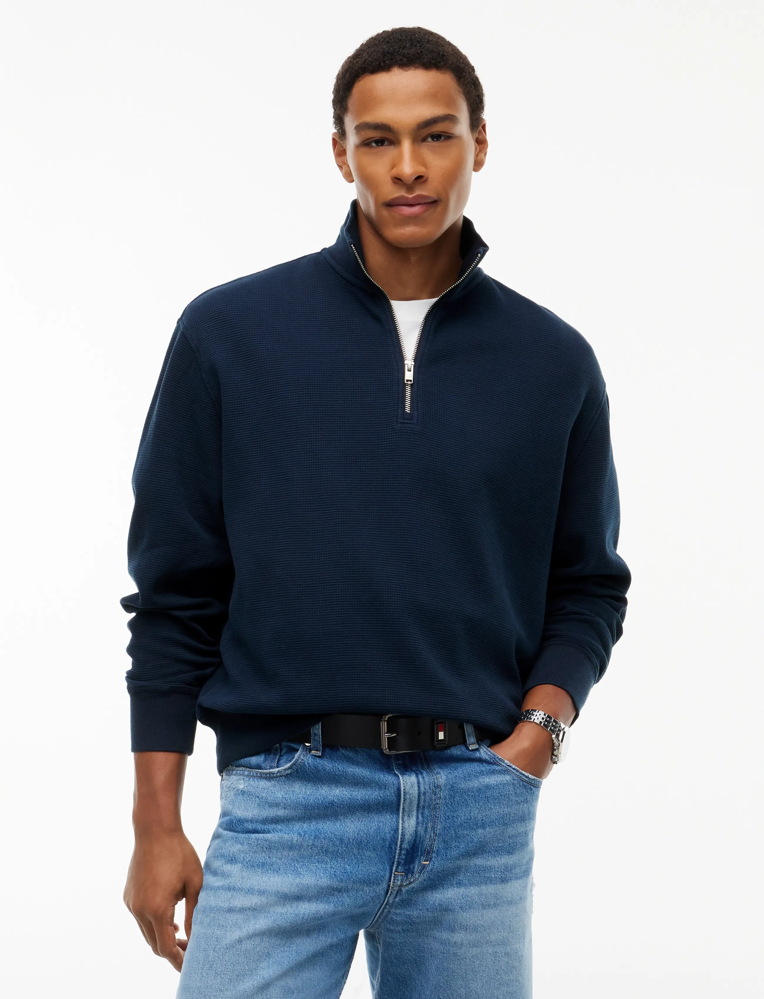 Tommy Jeans TJM RLX WASHED WAFFLE QZ - Shoppa efter stil - DARK BLUE / navy