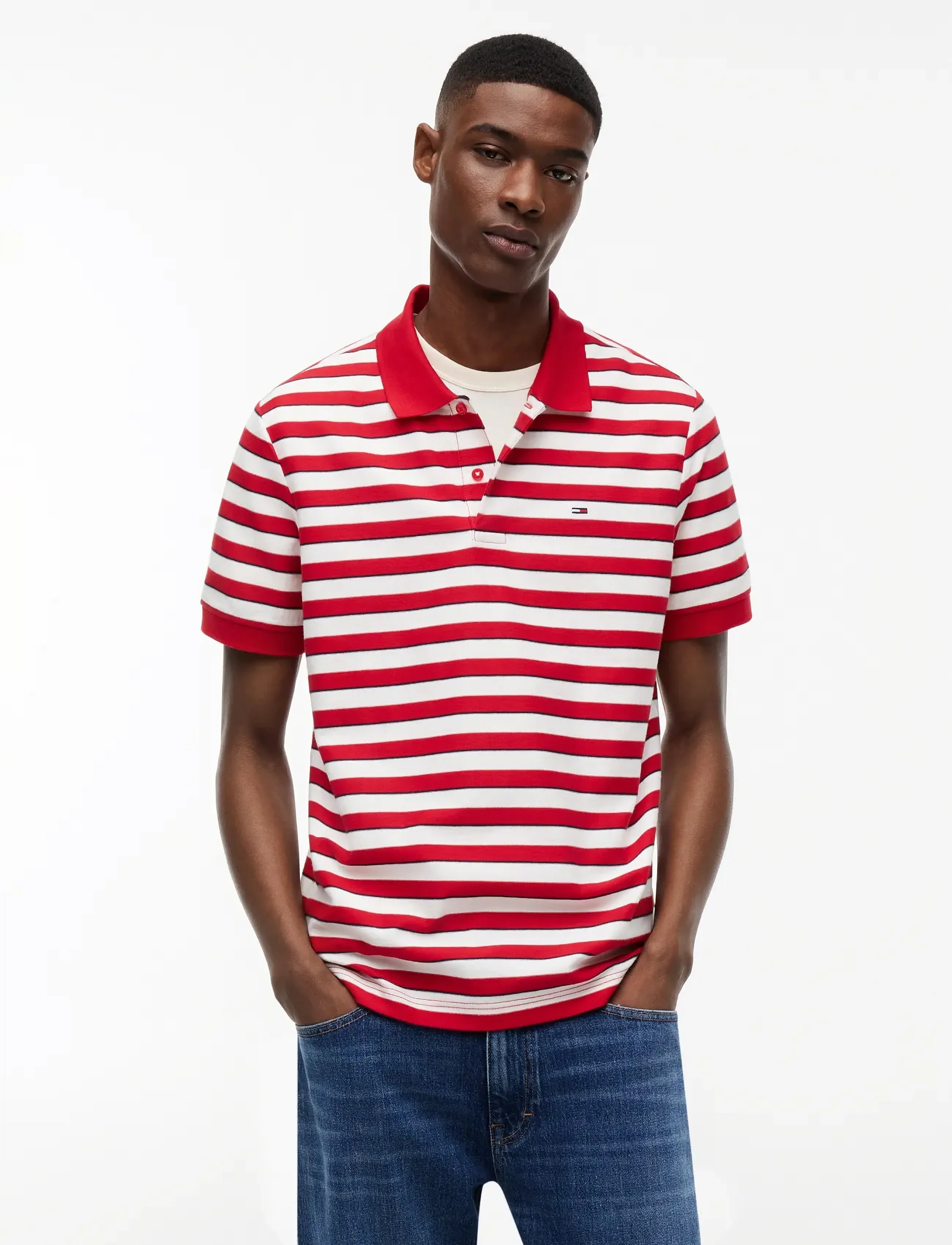 Tommy Jeans - TJM REG STRIPE JERSEY POLO EXT - sügisene kokkuhoid - ruby red stripe - 0
