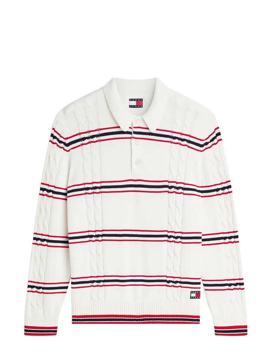 Tommy Jeans - TJM REG STRIPE CABLE KNIT POLO - långärmade pikéer - ancient white - 1