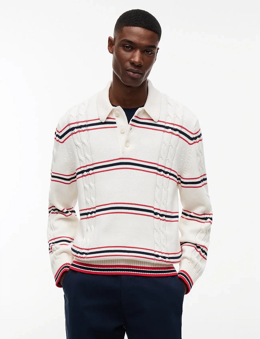 Tommy Jeans - TJM REG STRIPE CABLE KNIT POLO - långärmade pikéer - ancient white - 0