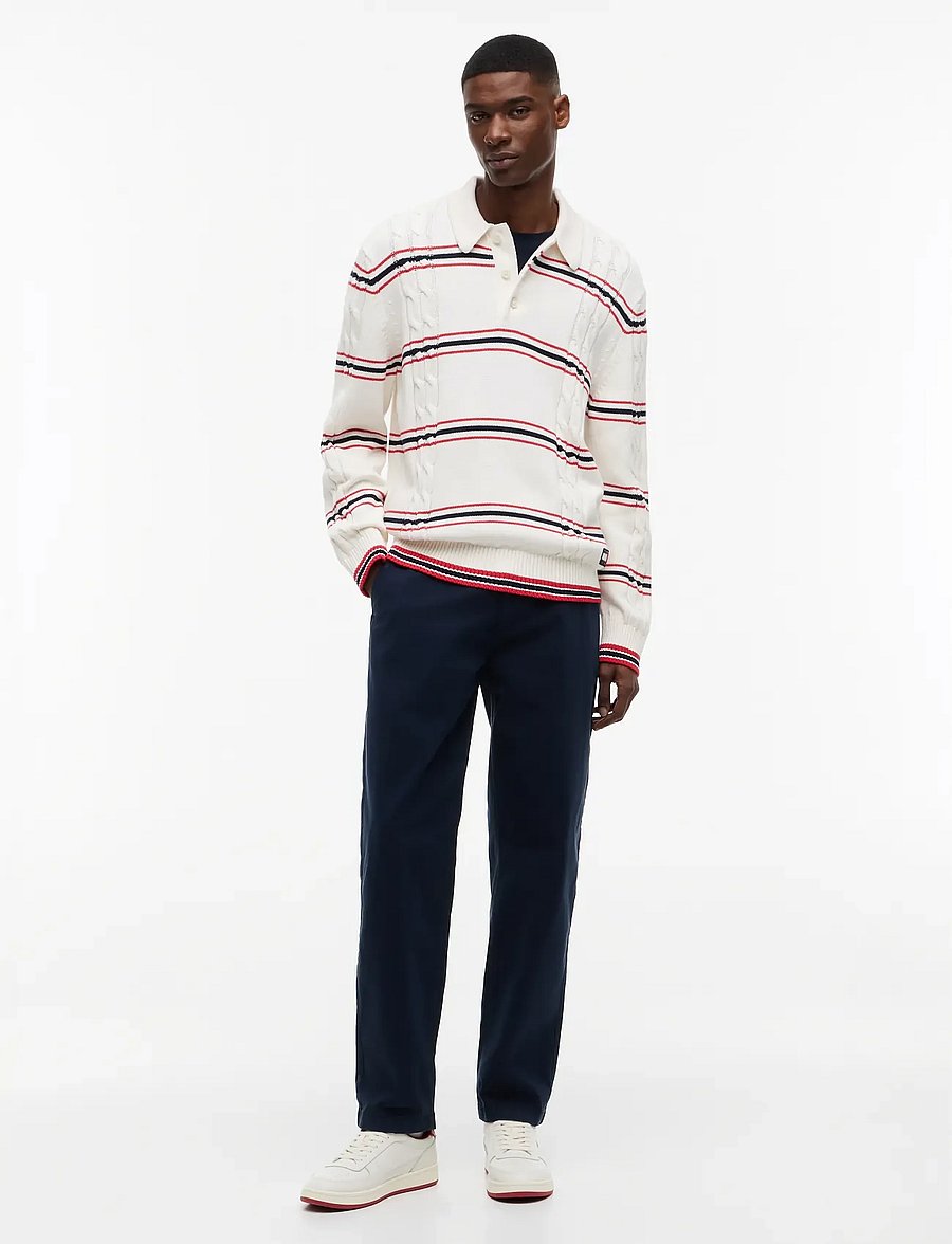 Tommy Jeans - TJM REG STRIPE CABLE KNIT POLO - långärmade pikéer - ancient white - 2
