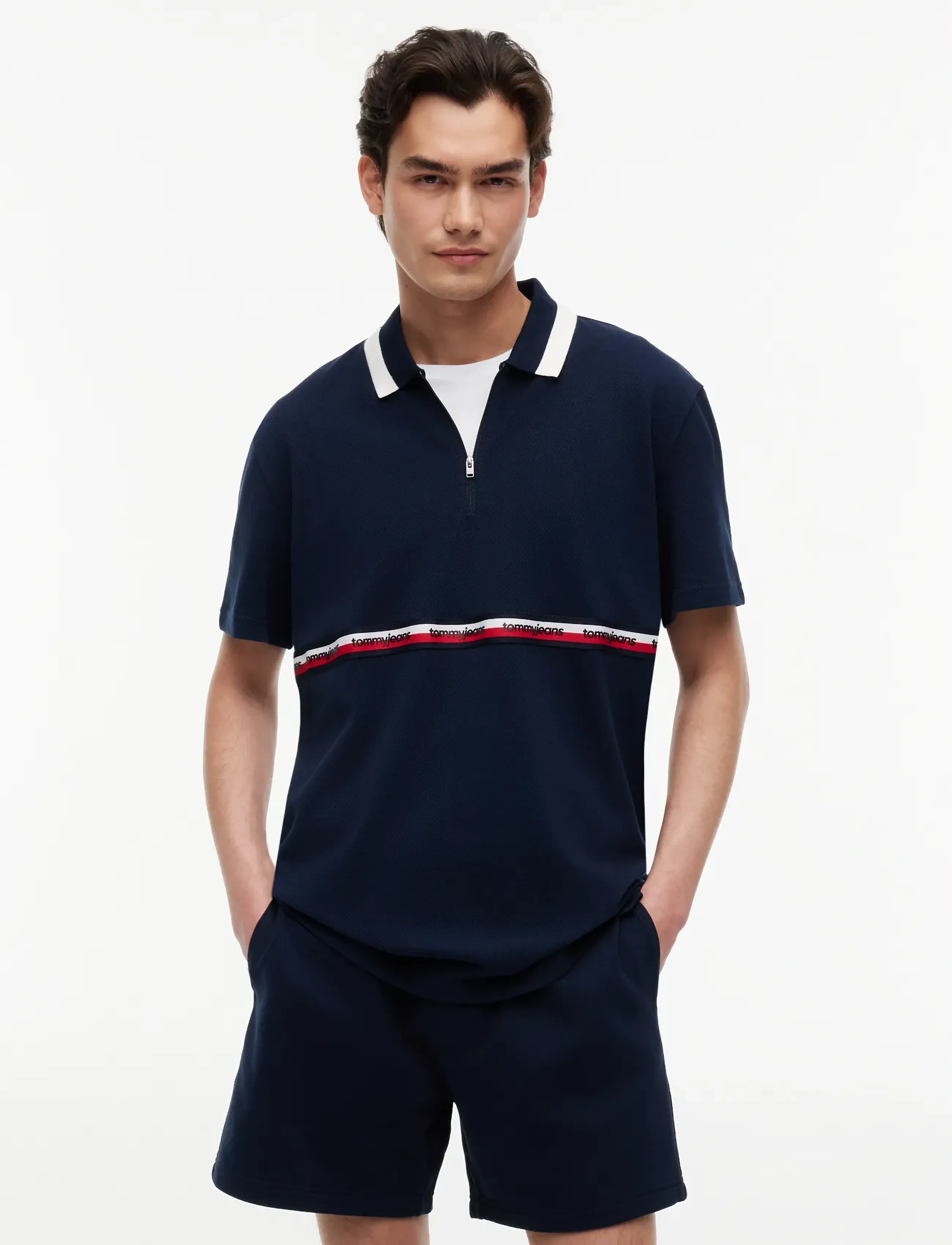 Tommy Jeans TJM RLX TAPE ZIP POLO - Kortärmade pikéer - DARK NIGHT NAVY / navy