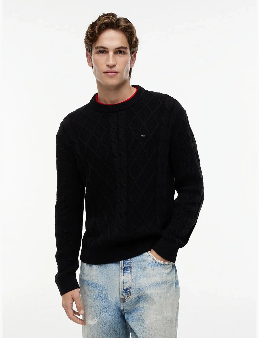 Tommy Jeans - TJM REG CLASSIC FLAG CABLE SWTR - round necks - black - 0