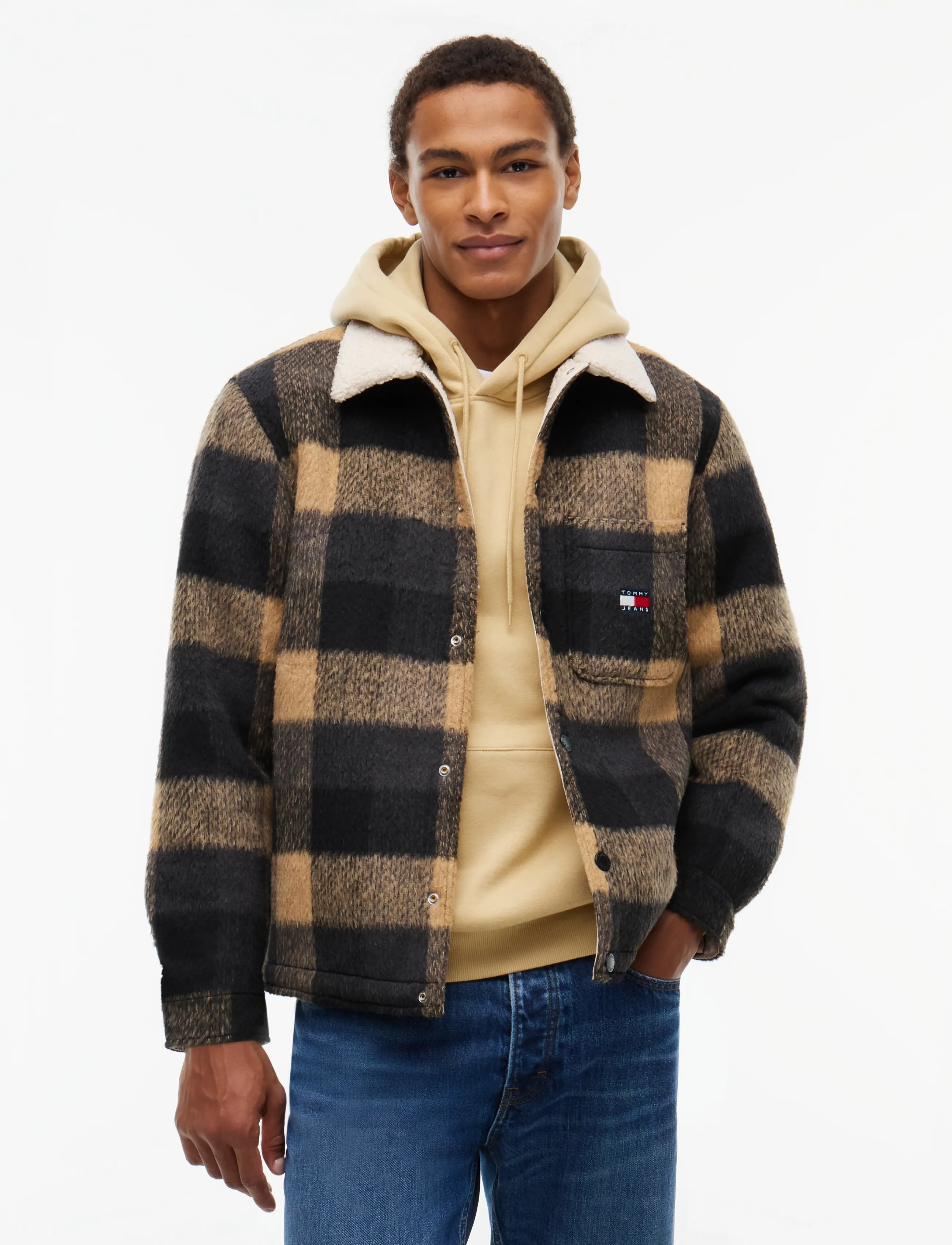 Tommy Jeans TJM TEDDY COLLAR BRUSHED SHACKET - Kleidung - BLACK CHECK / black