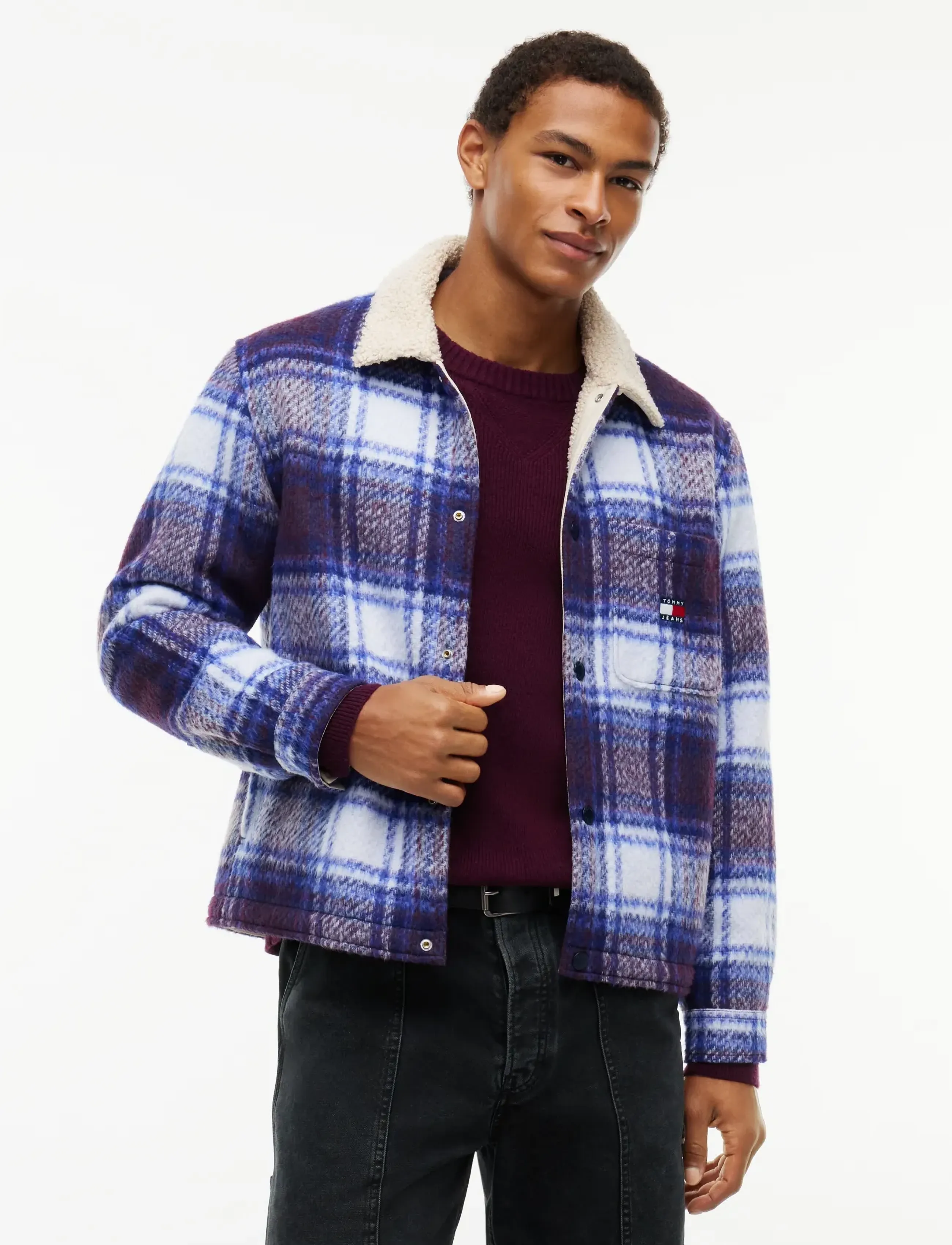 Tommy Jeans TJM TEDDY COLLAR BRUSHED SHACKET - Jackor - DARK BLUE CHECK / navy