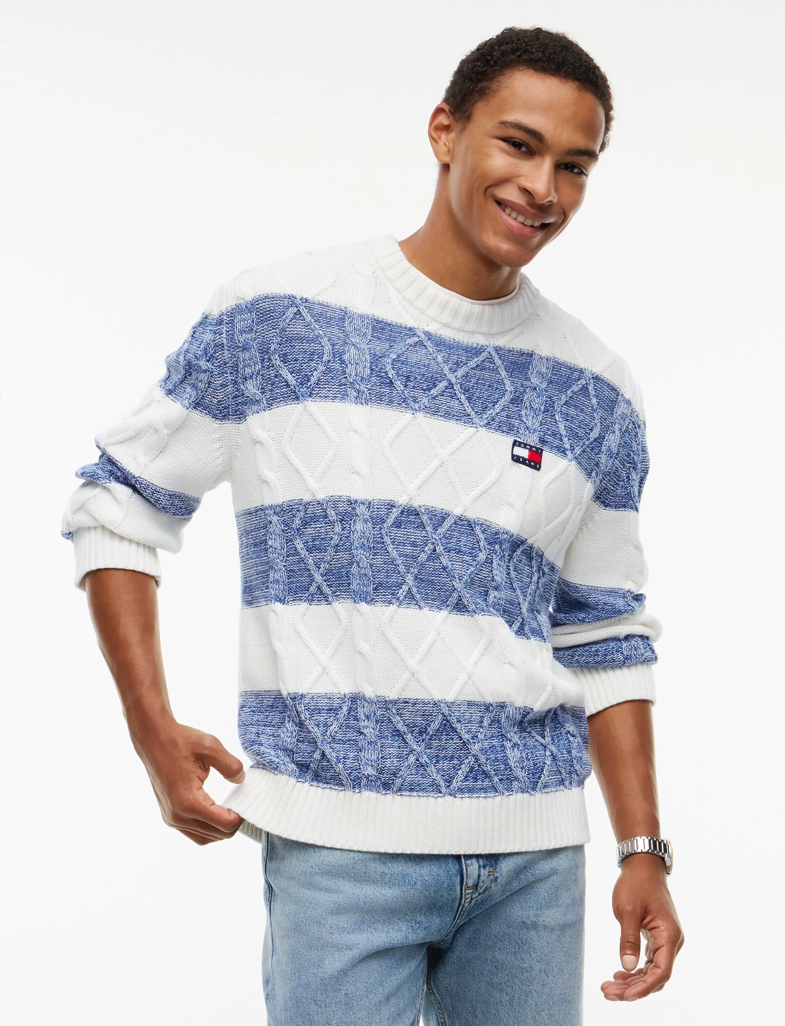 Tommy Jeans Tjm Reg Striped Cable Sweater, Mænd, Stribet Kabelstrikket Sweater, Hvid, Str: XL