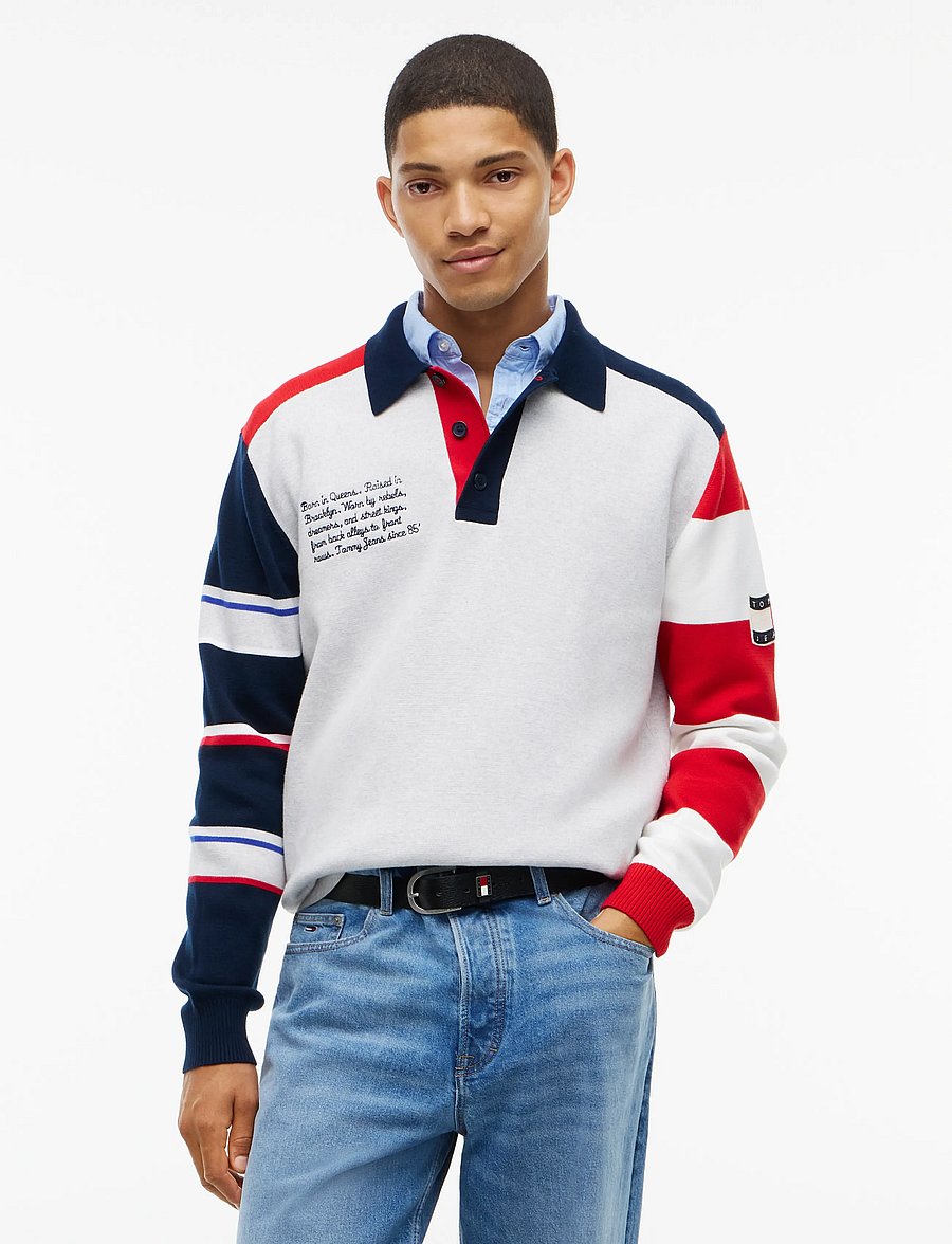 Tommy Jeans - TJM REG TOMMY KNITTED RUGBY EXT - langärmelige strick-polohemden - ice grey heather multi - 0