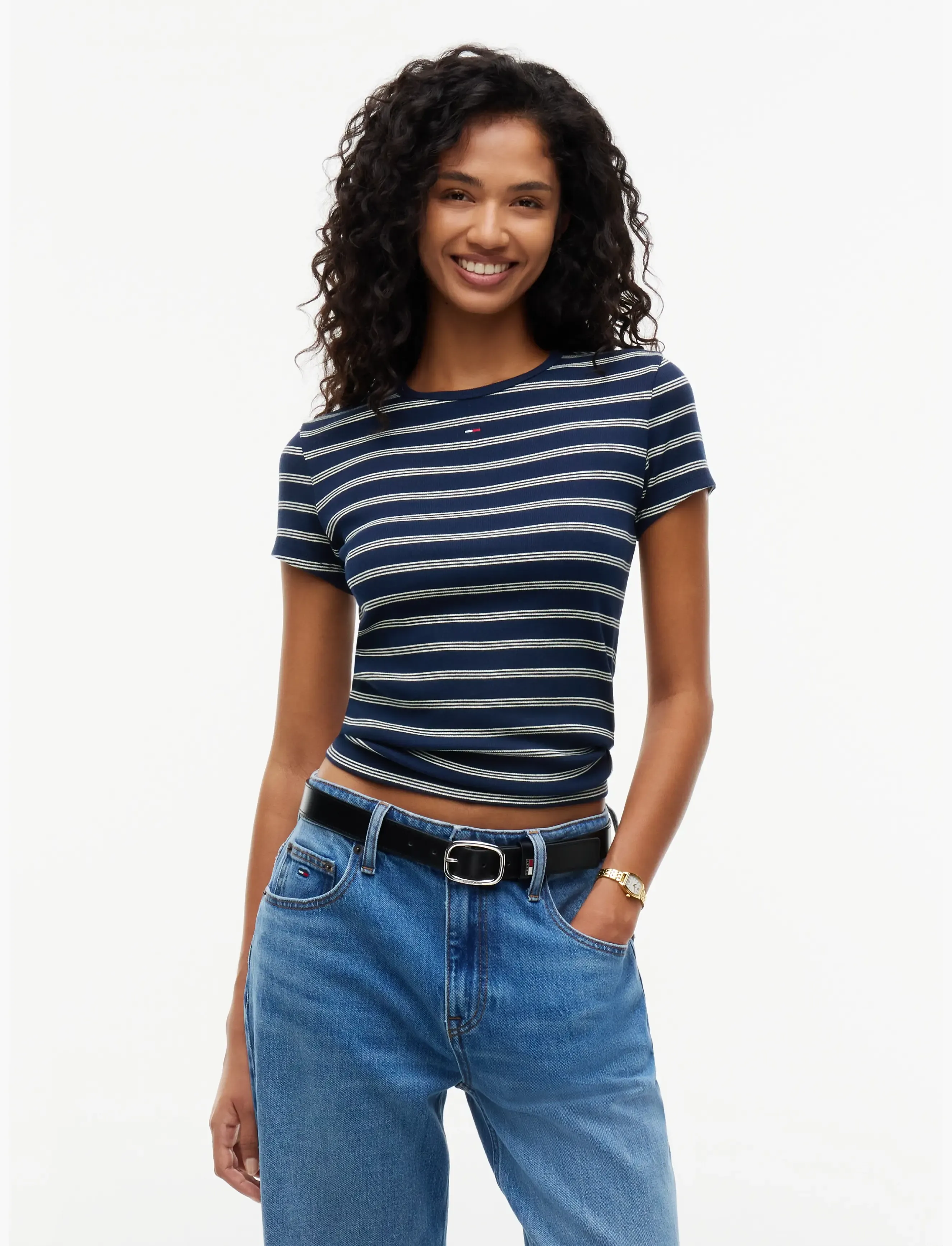 Tommy Jeans TJW SLIM ESSENTIAL RIB SS EXT - Tommy Hilfiger - DARK BLUE   DAY LILY STRIPE / navy
