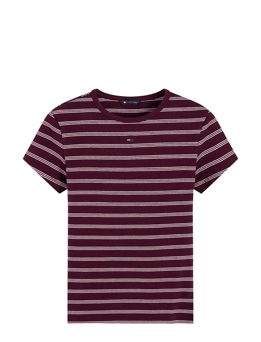 Tommy Jeans - TJW SLIM ESSENTIAL RIB SS EXT - t-shirts - calypso berry pink stripe - 1