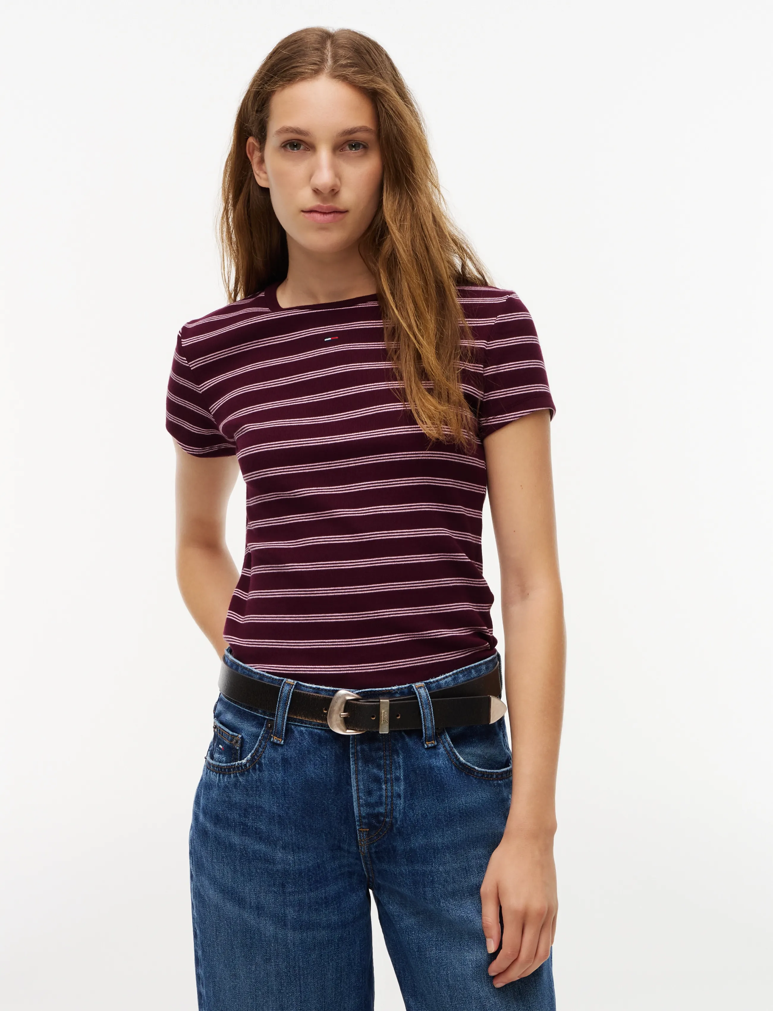 Tommy Jeans TJW SLIM ESSENTIAL RIB SS EXT - Tommy Hilfiger - CALYPSO BERRY    PINK STRIPE / burgundy