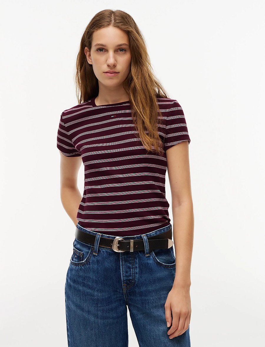 Tommy Jeans - TJW SLIM ESSENTIAL RIB SS EXT - t-shirts - calypso berry pink stripe - 0