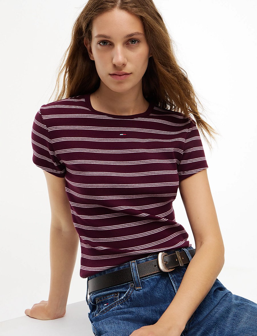 Tommy Jeans - TJW SLIM ESSENTIAL RIB SS EXT - t-shirts - calypso berry pink stripe - 3