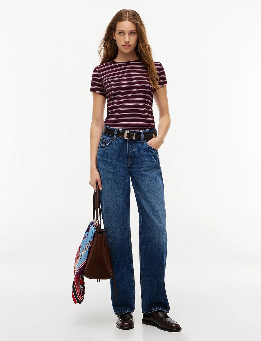 Tommy Jeans - TJW SLIM ESSENTIAL RIB SS EXT - t-shirts - calypso berry pink stripe - 4