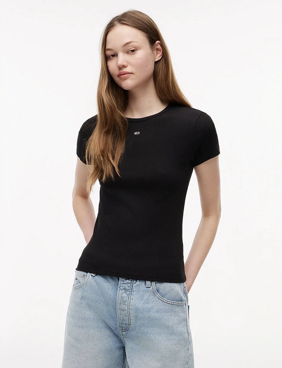 Tommy Jeans - TJW SLIM ESSENTIAL RIB SS EXT - t-shirts - black - 0