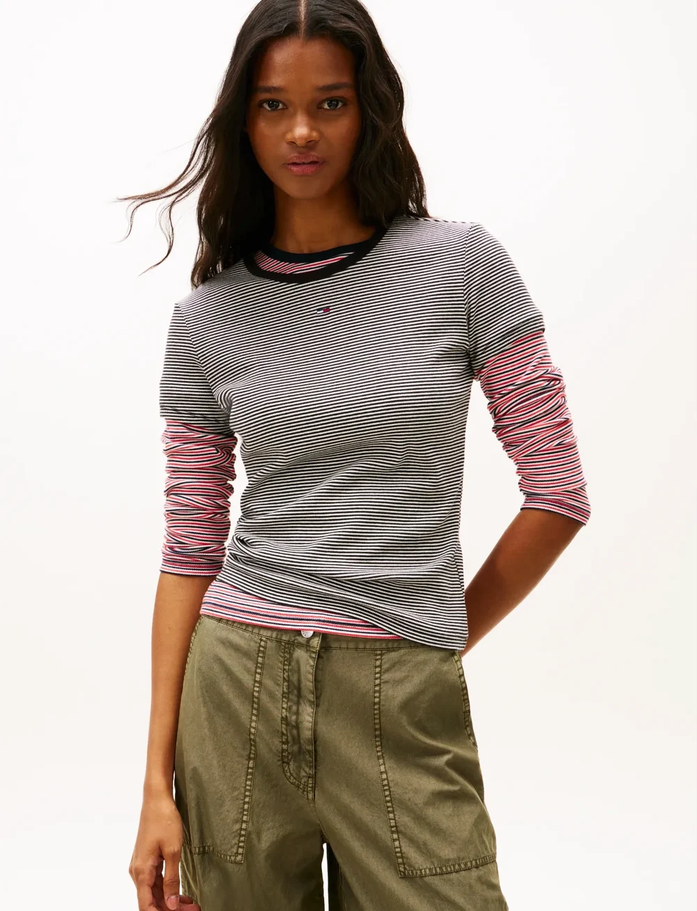 Tommy Jeans - TJW SLIM ESSENTIAL RIB SS - t-shirts - black white stripe - 0